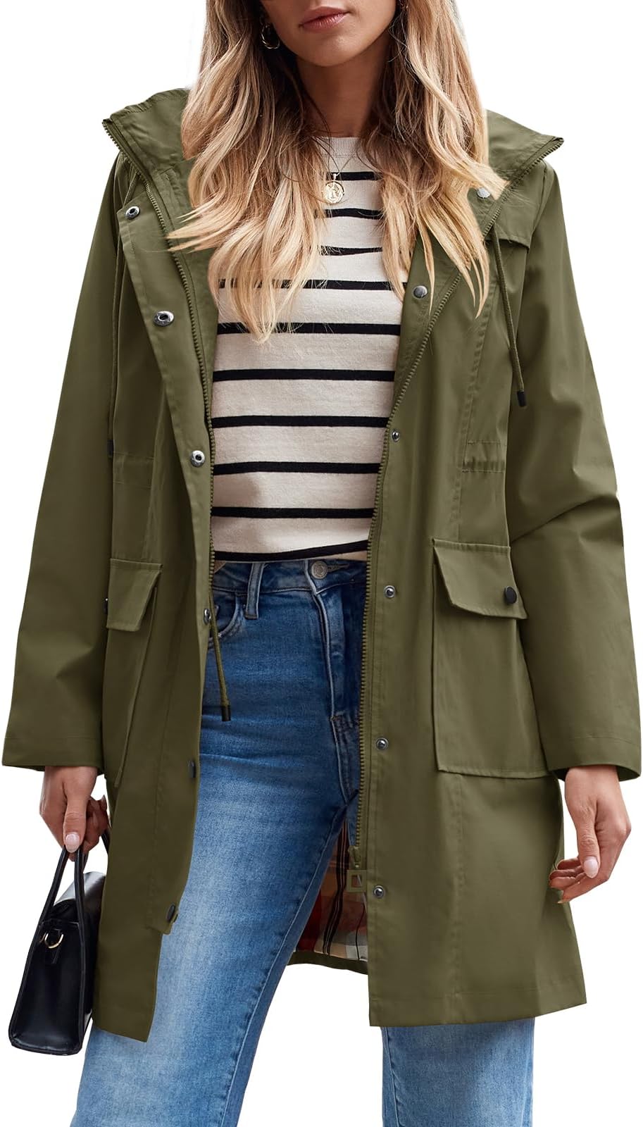 - Women's Waterproof Rain Jacket Long Raincoat Hooded Windbreaker Trench Coat
