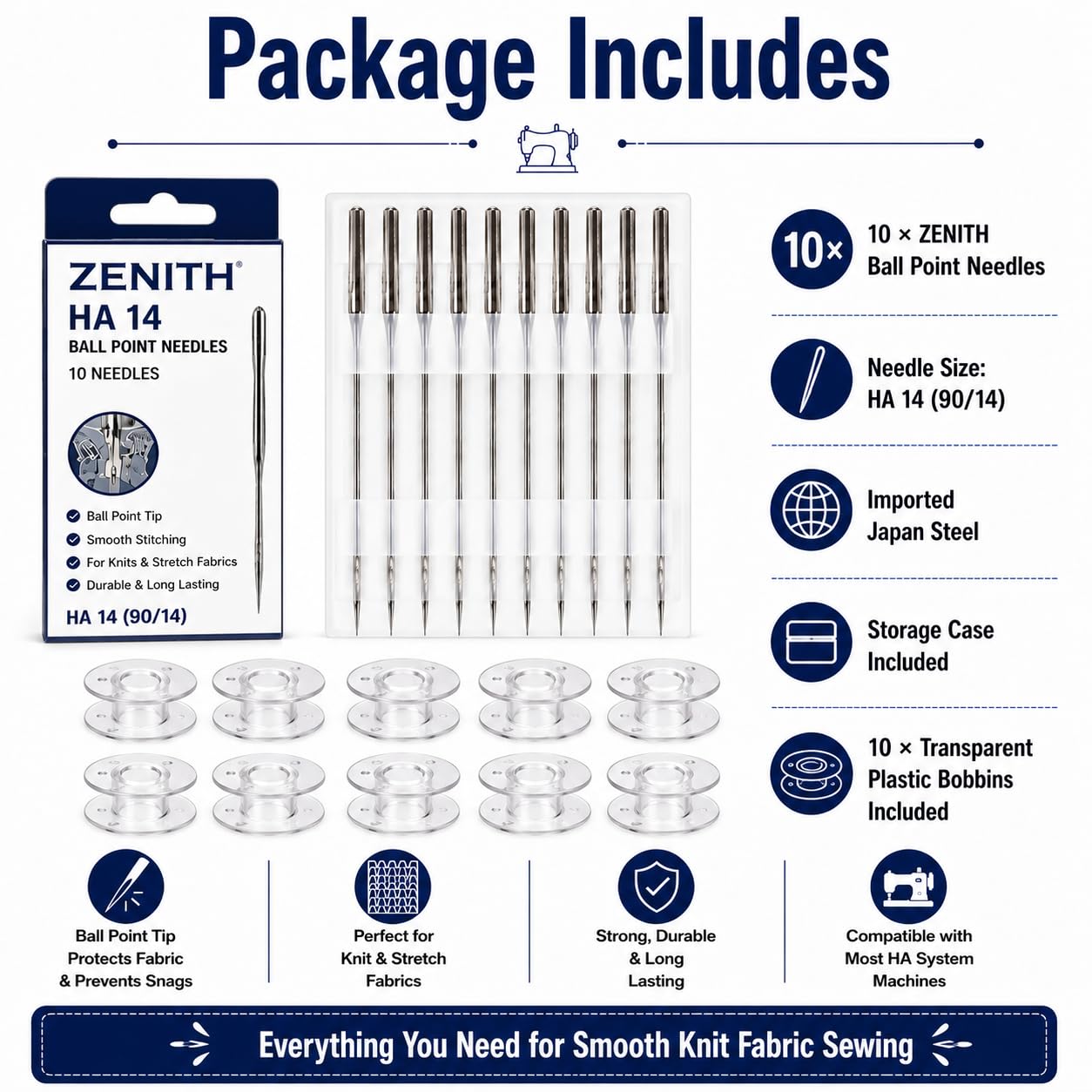 Zenith Ball Point Needles HA 14 for Domestic Sewing Machines Imported (Japan) 10 Needles- STEEL — Amazon image 8