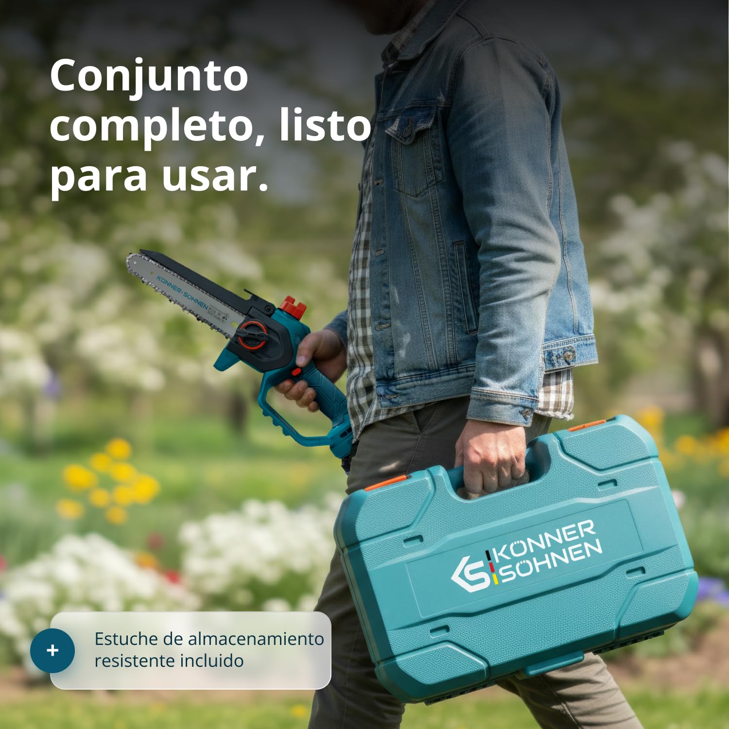 K&S Könner&Söhnen KS MCS20V-8 Case - Minimotosierra con batería de 8 pulgadas, motosierra eléctrica de mano con lubricación automática de cadena, sierra con batería de una sola mano con cargador de