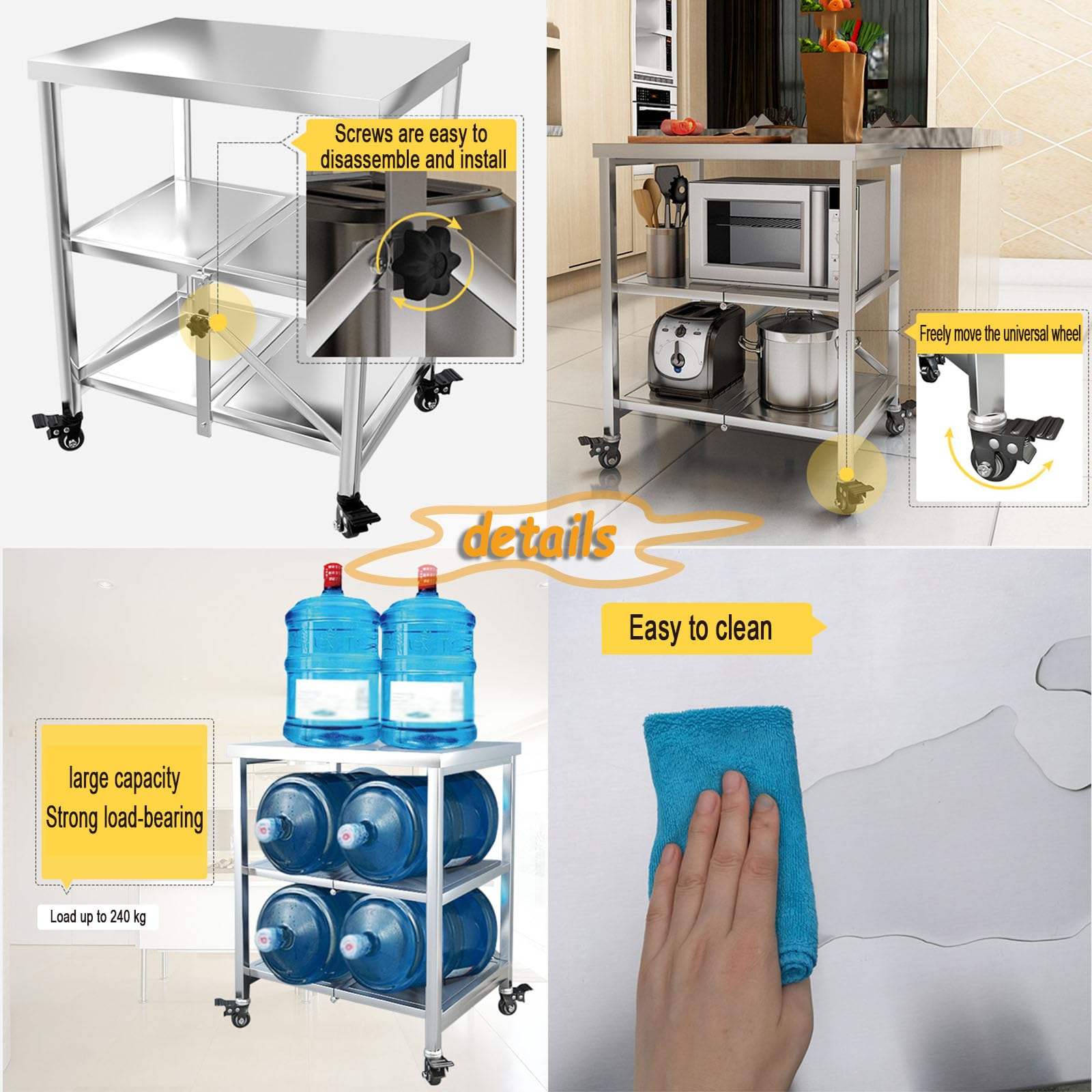 Carrito de Servicio 3 Niveles Acero Inoxidable 60X45X80CM | Plegable, Con Ruedas, Multifuncional, Para Hotel Restaurantes Escuelas