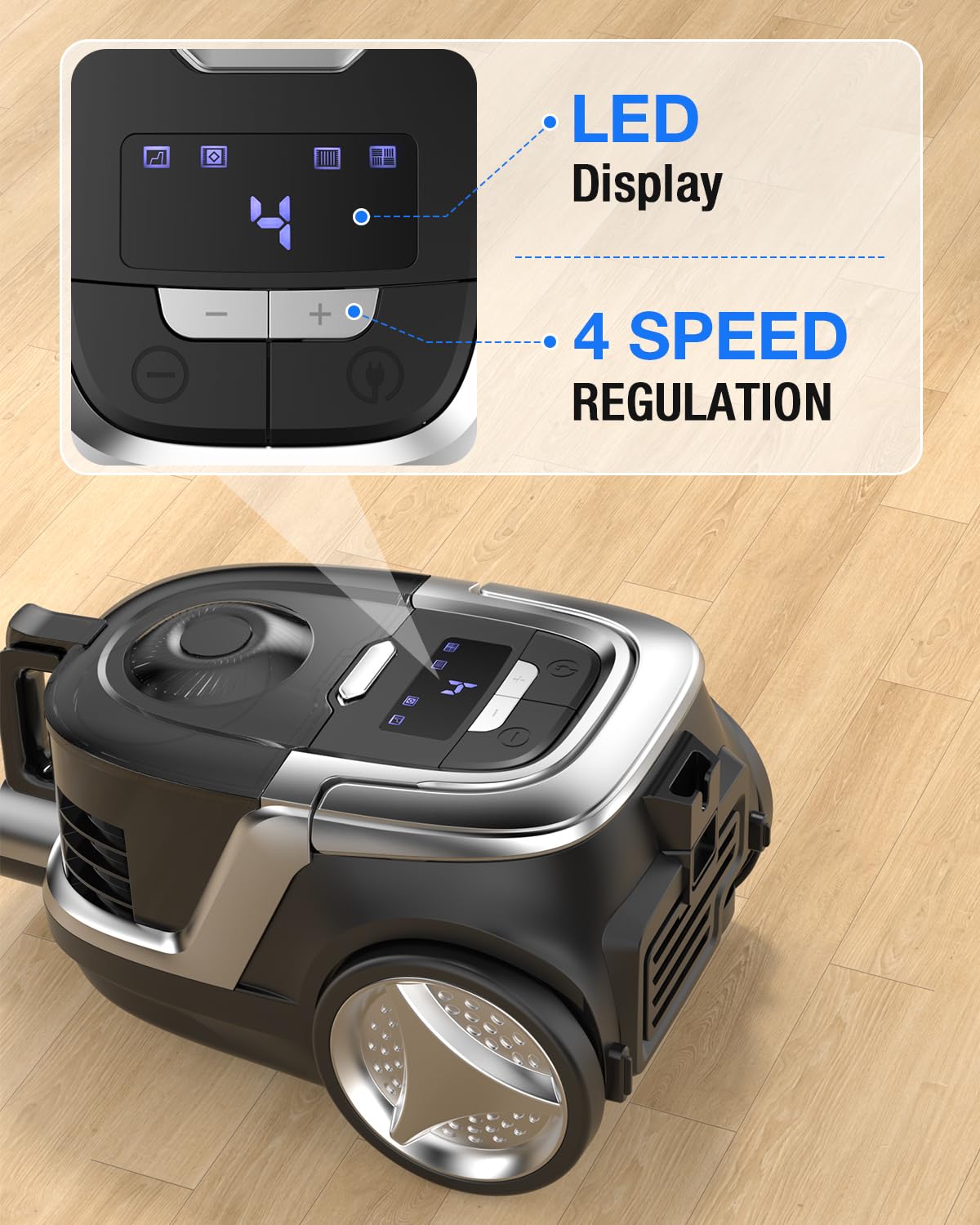 Zefiro Max 1600W Bagless Canister Vacuum Cleaner, 40kPa Powerful Suction, Lightweight, Auto Cord Rewind, HEPA Filter, Corded Vacuum for Floors, Carpets, Pet Hair in Homes & Apartments, Larger Capacity — view 7