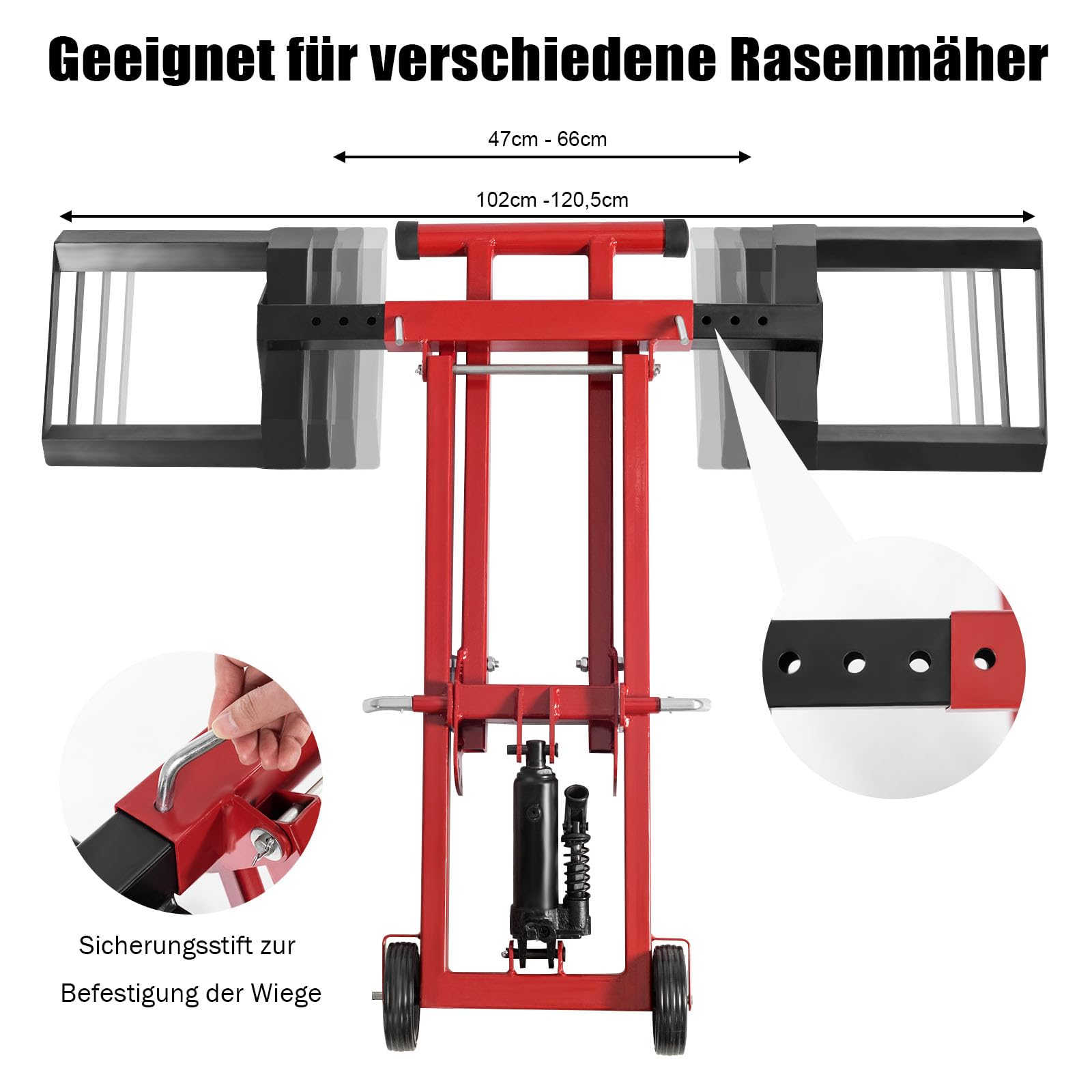 RELAX4LIFE Rasentraktorheber mit Hydraulischer Pumpe 2 Rädern, Rasenmäherheber mit 3 Verstellbare Höhen & 4 Verstellbare Breiten, Reinigungshilfe für Rasenmäher Aufsitzmäher Quad, Hebebühne Metall