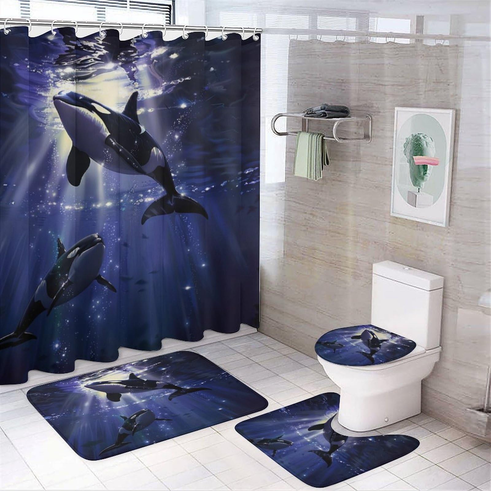 TOWINSFB 4Pcs Cute Orca Moon Shower Curtain, Ocean Fish Underwater World Whale Shower Curtain Sets with Toilet Lid Cover, U-Shaped Mat and Non-Slip