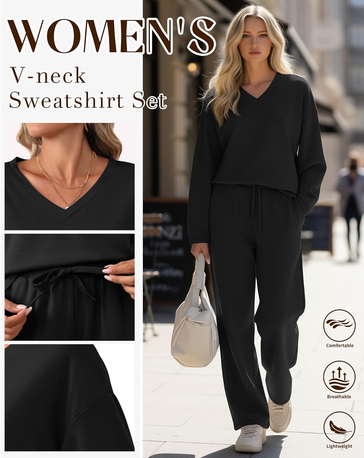 2 Piece Women's Sweatsuit, V Neck Oversized Tracksuit Wide Leg Pant Fall Lounge Set Long Sleeve Sweatshirts Outfit
