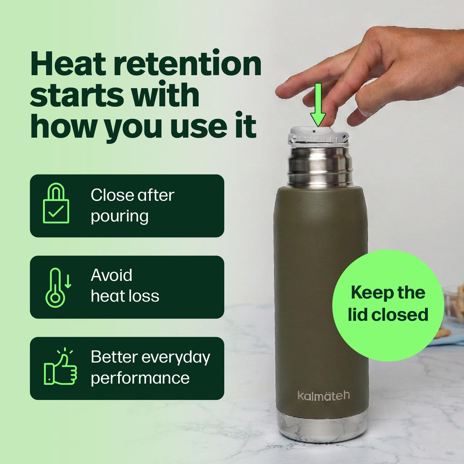 KALMATEH Termo de acero inoxidable con aislamiento al vacío de doble pared (760 ml), vertido preciso y retención de calor, para yerba mate, café, té, camping (verde militar)