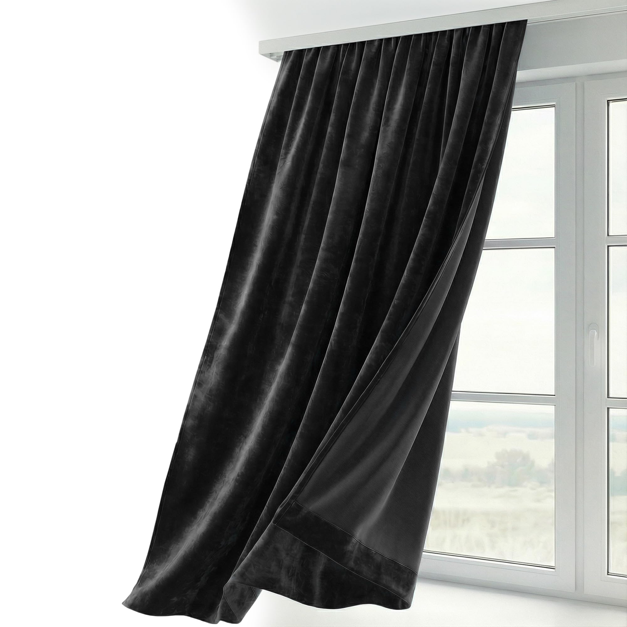 BEAUTEX Velvet Curtain, Ruffle Tape, U-Tape Curtain, Darkening and Opaque, 140 x 225 cm (Width 140 cm, Height 225 cm, Black)