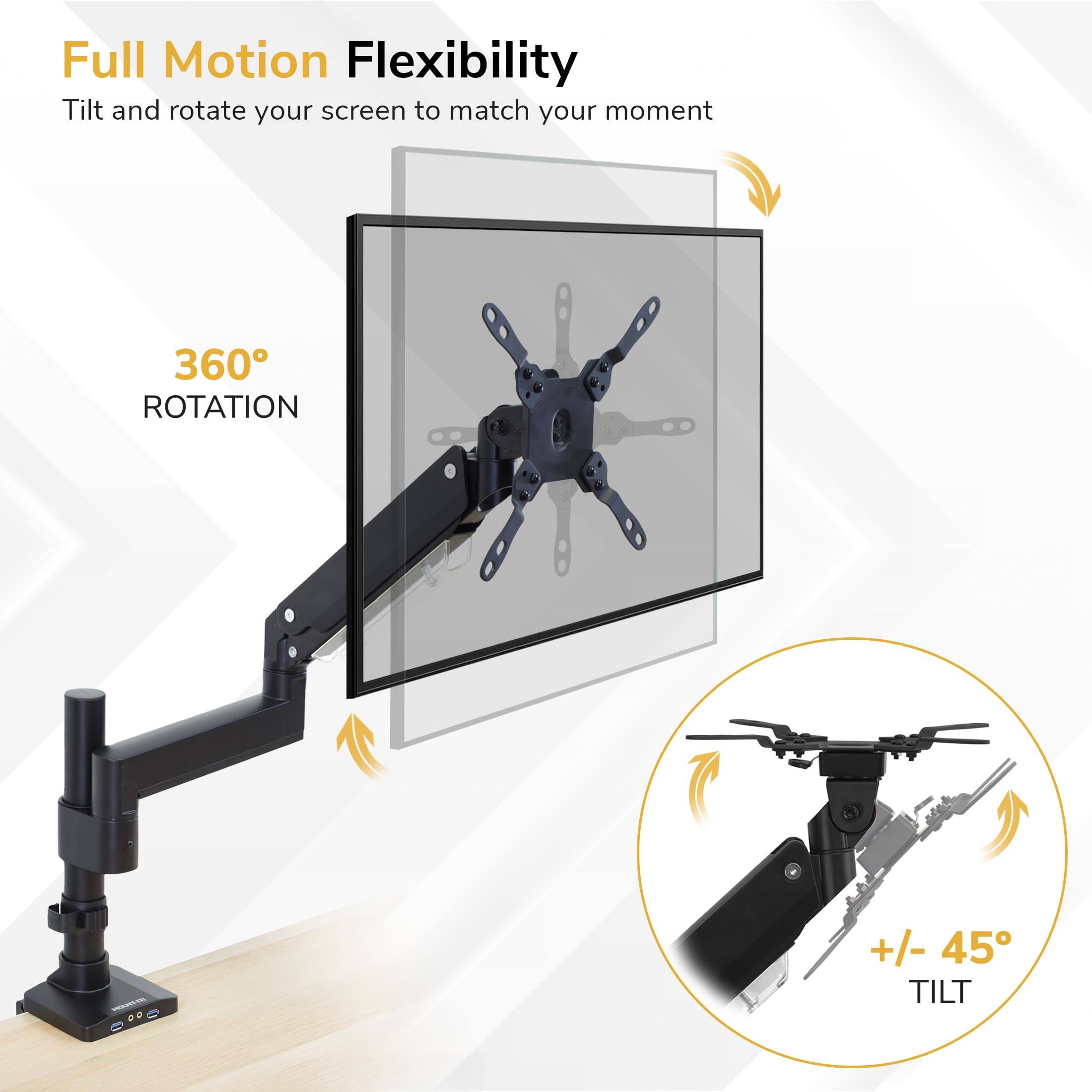 Mount-It! Ultrawide uchwyt biurkowy na monitor, pojedynczy uchwyt na monitor do ciężkich monitorów do 35 cali i 15 kg, kompatybilny z VESA 100, 200 mm, ramię sprężynowe z regulacją wysokości, 2 x USB