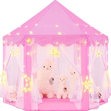 Princess Tent with Large Star Lights for Girls Age 4-7, Kids Play Tent for Girls Indoor, Castle Playhouse for Children, Pink Princess Toy 55x53 inch