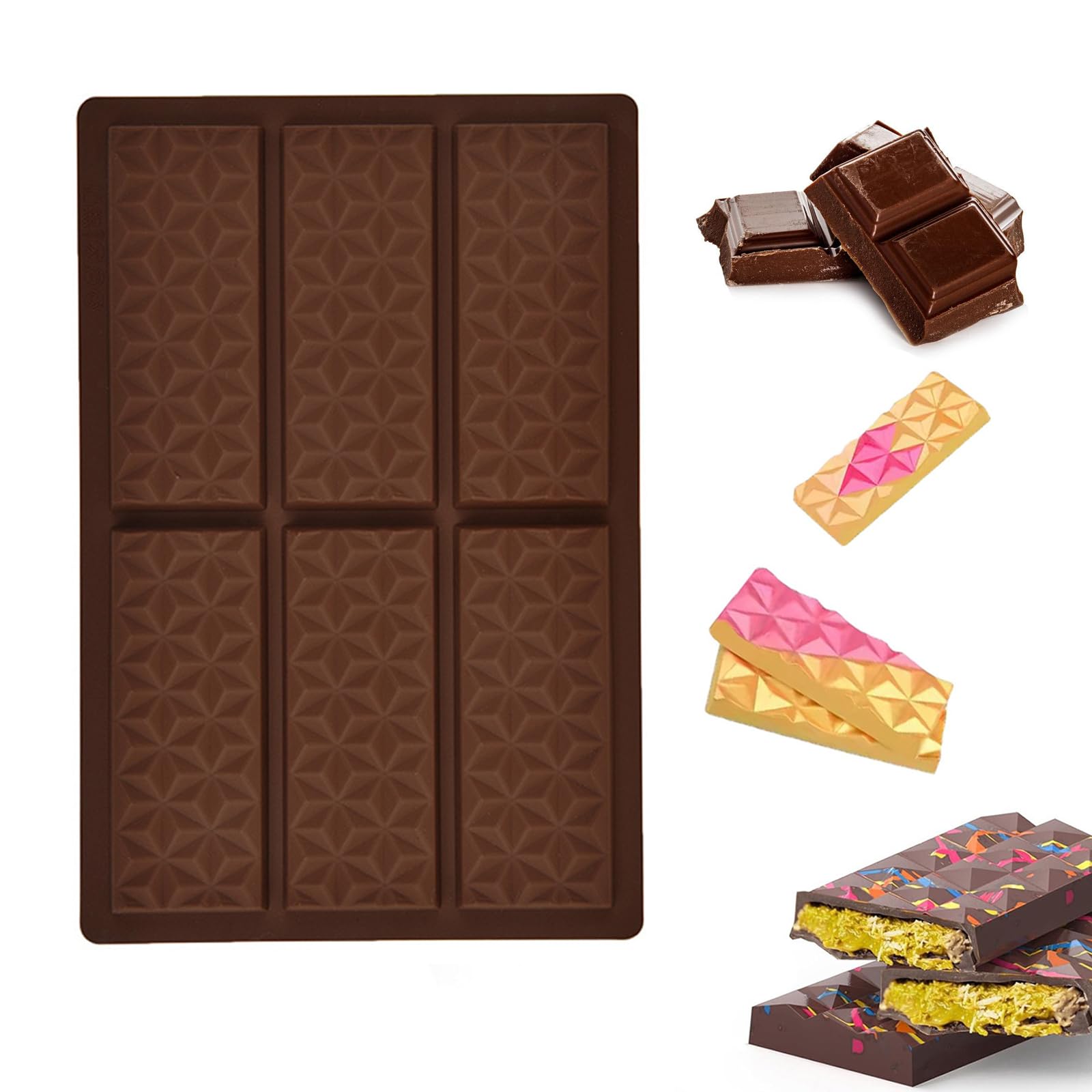 Chocolate Bar Moulds, 1Pcs Silicone Chocolate Mould Candy Chocolate Moulds Deep New 6 Cells Rectangle Triangle Diamond Shape Chocolate Moulds for DIY Various Delicacies at Your Bakery Party Or Home