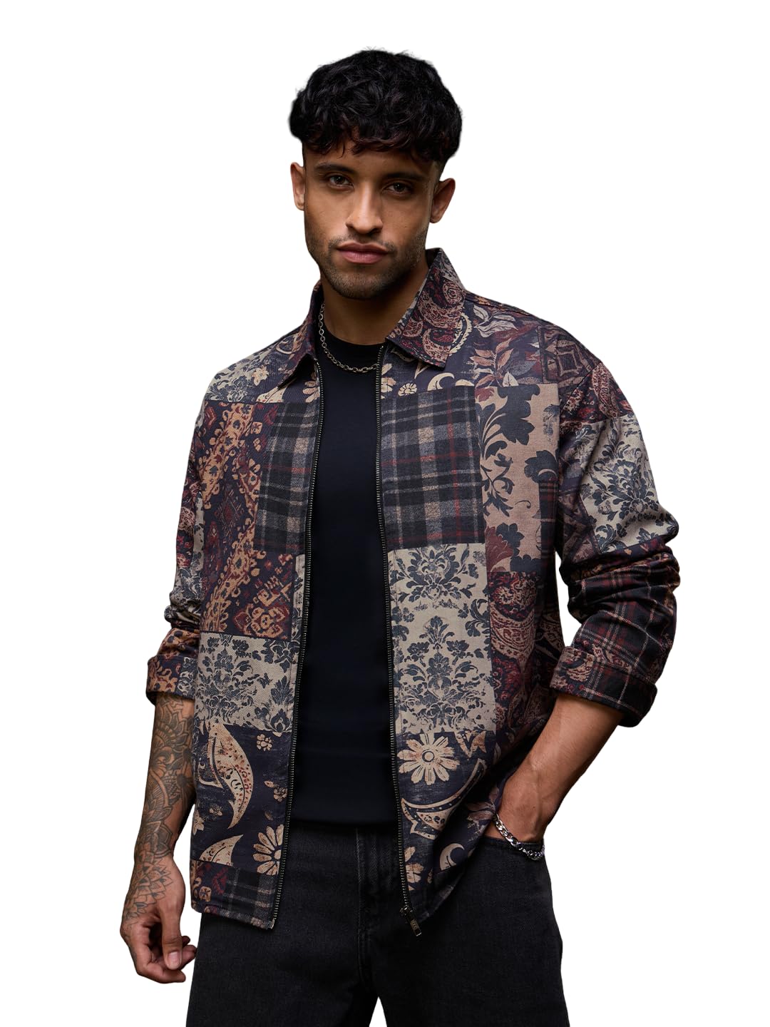 Patch Play Men and Boys Full Sleeves Spread Collar Dark Blue and Beige Patchwork Cotton Oversized Fit Winter-Ready Lightweight Shackets-image-40