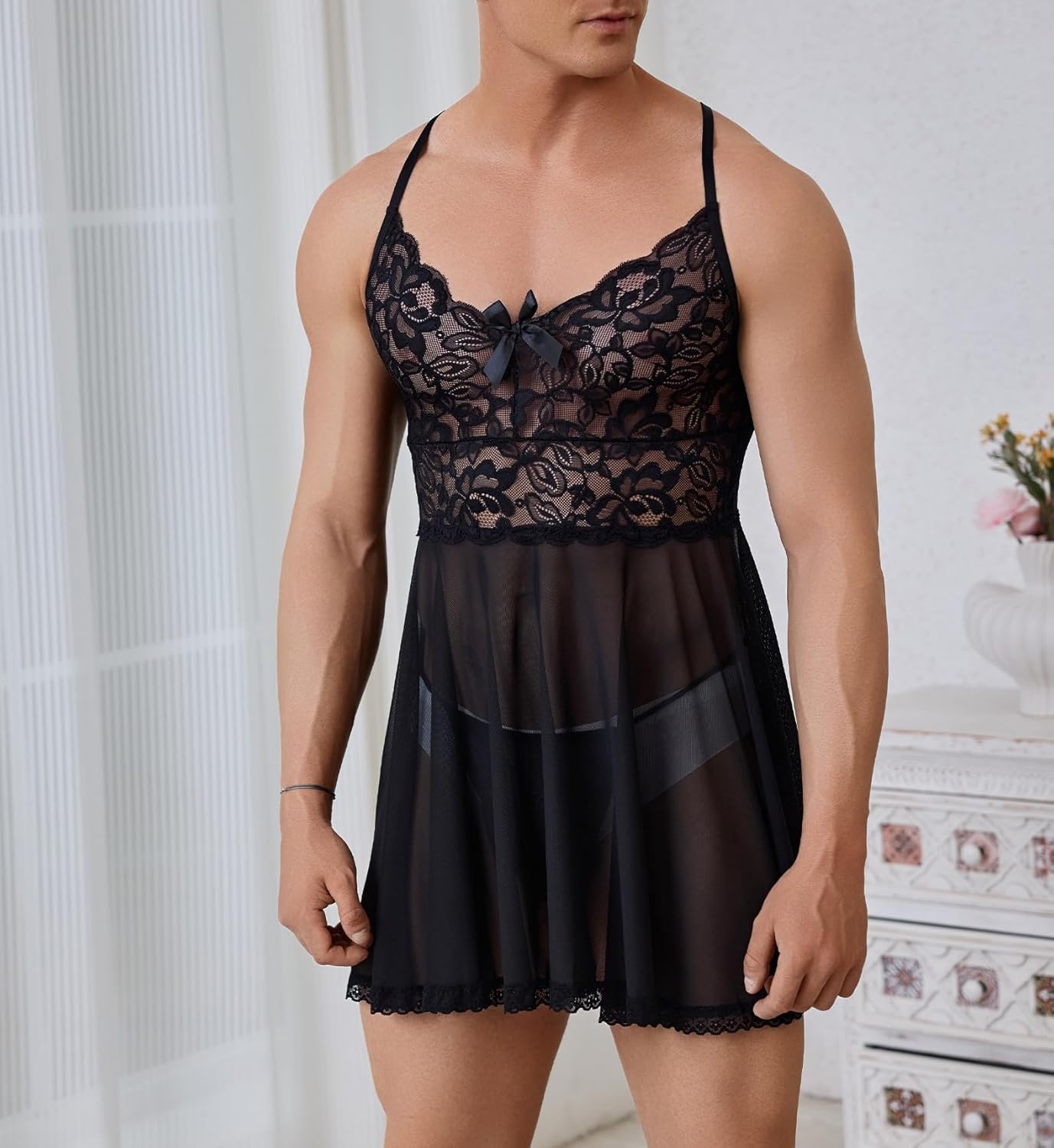 ABAFIP Men's Sissy Lingerie Crossdressing Nightwear Sheer Lace Mesh Nightdress Ruffle V-Neck Nightgown - Image 6