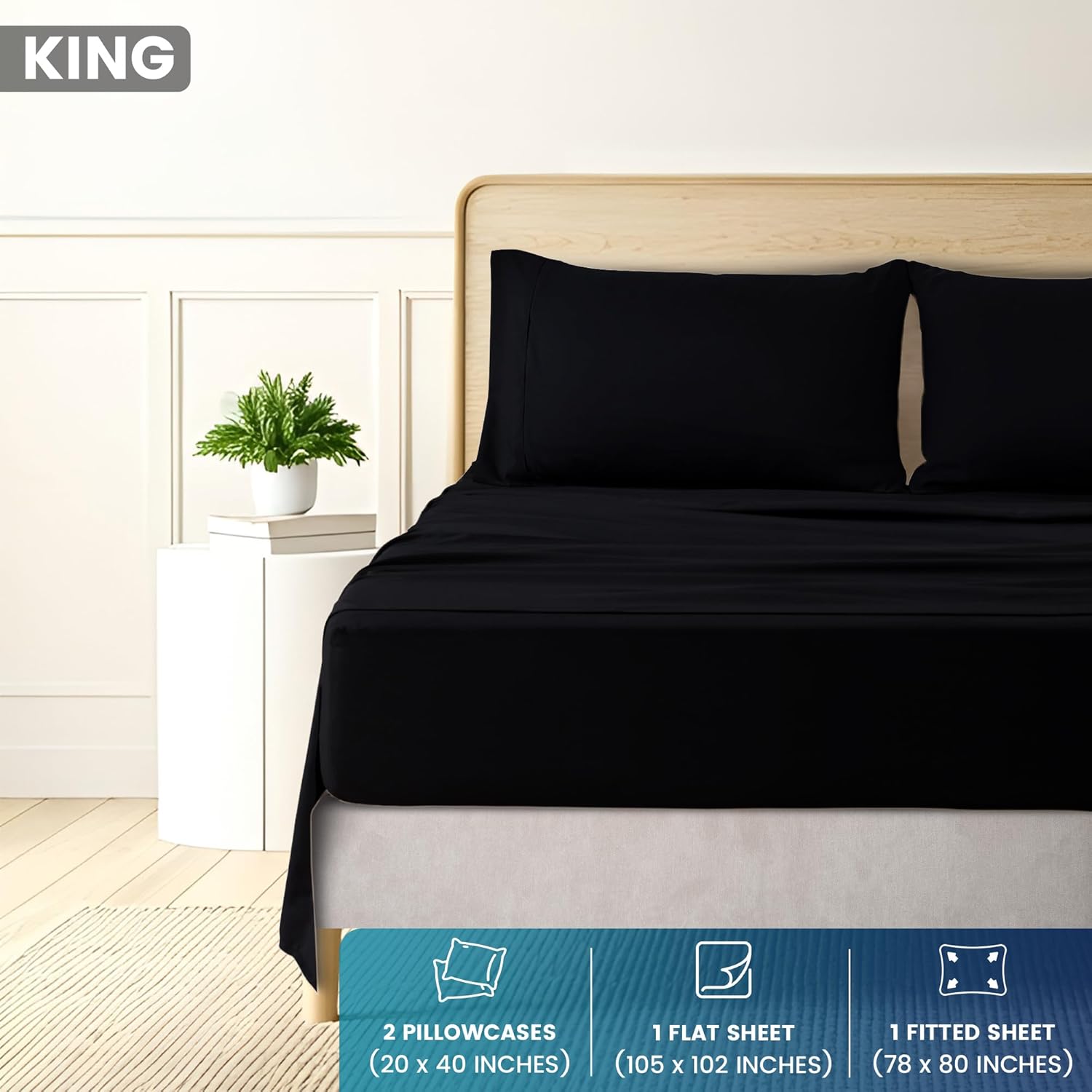 Utopia Bedding King Size 4 Piece Sheet Set - Brushed Microfiber - Soft Bed Sheets for King Size Bed - Includes 1 Fitted, 1 Flat, & 2 Pillow Cases - Deep Pocket (Black)