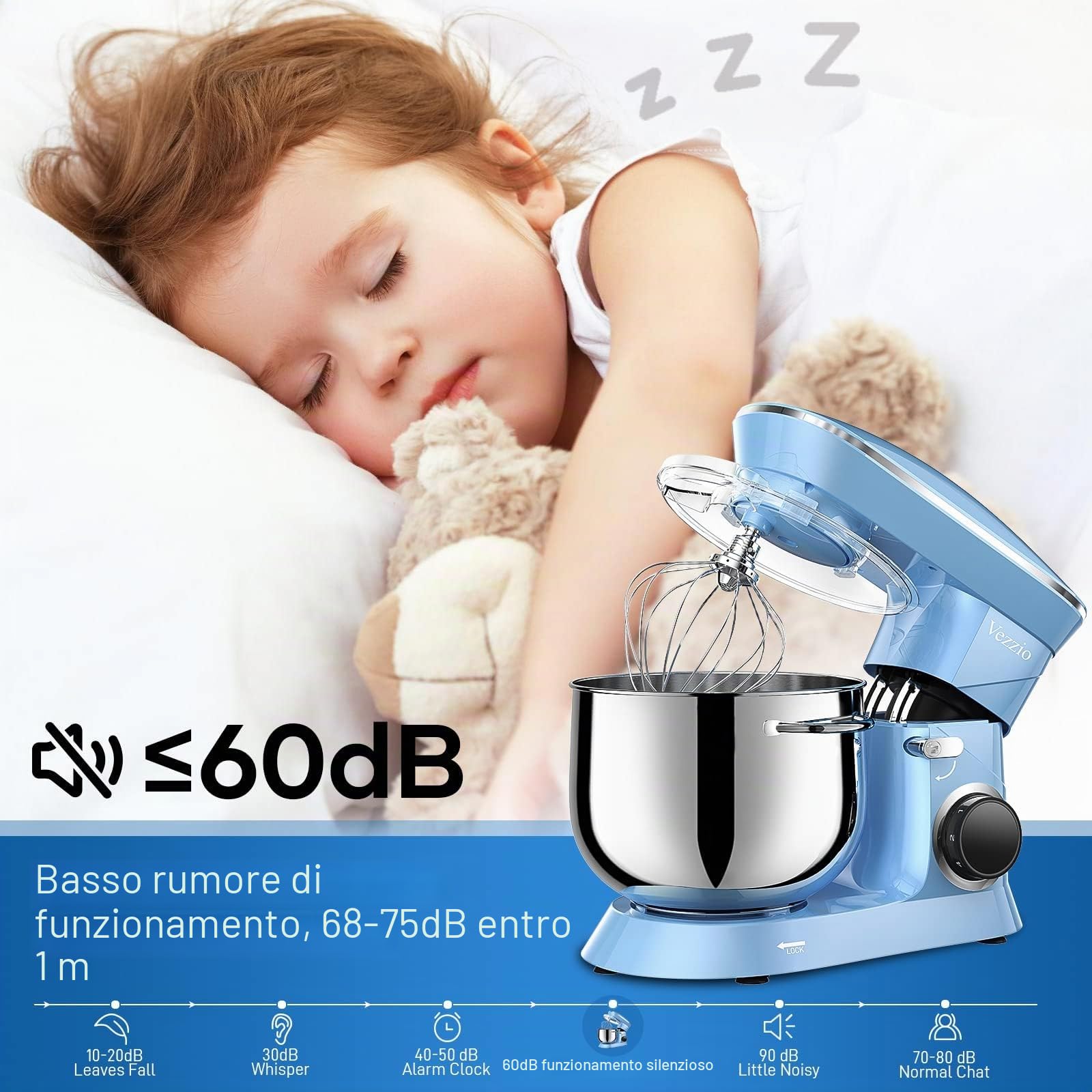 Vezzio Impastatrice Planetaria Impastatrice Elettrico 8.5 Litri Robot da Cucina Multifunzione 6 Velocità Include ciotola in acciaio inossidabile, frusta, gancio per impastare (Blue)