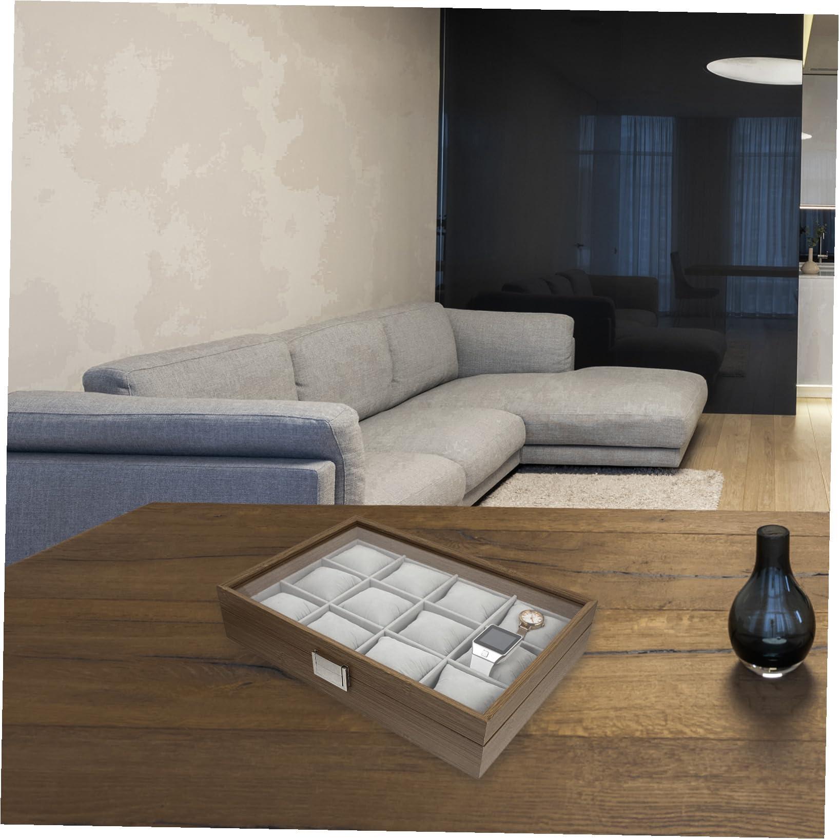 OUNONA Caja Organizadora para Guardar Relojes con 12 Compartimentos de Madera de Relojes y Almohadillas Removibles y Anillos en Decoración de Hogar