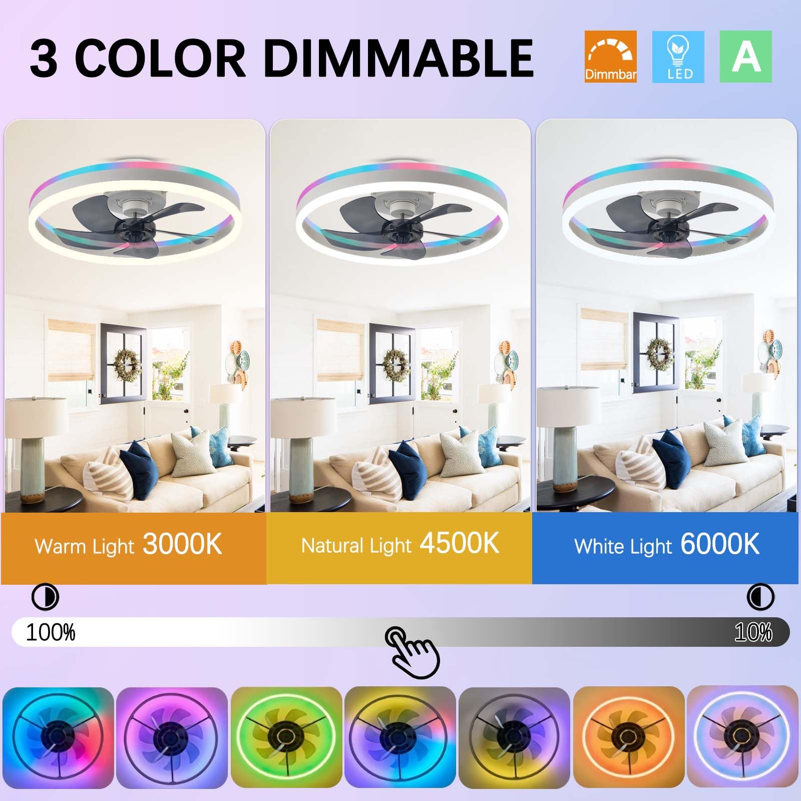 50cm RGB Ventilatore da Soffitto con Luce e Telecomando 73W Bianco | Silenzioso Plafoniera con Ventilatore per Camera da Letto Soggiorno Timer LED Lampadario Ventilatore 6 Velocità 3000-6500K