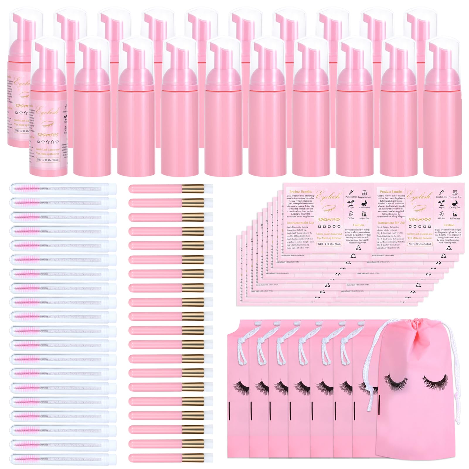 Tannova 100 Pcs Lash Shampoo Bottle Brushes Set 20 Empty Foam Pump Dispensers 20 Label Stickers 20 Mascara Wands and Tubes 20 Cleansing Brush 20 Bag