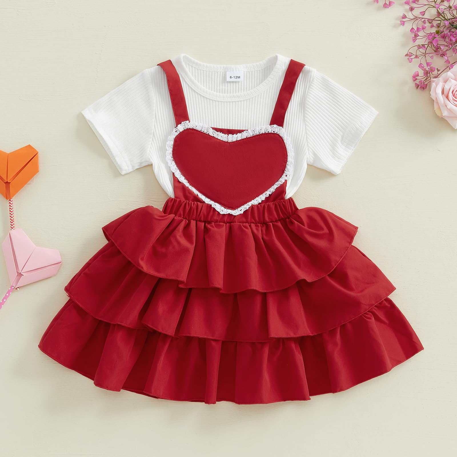 BeQeuewll Toddler Valentines Dress Heart Outfit Solid Shirt Layered Overall Skirt Baby Girls Valentines Outfit 2Pcs (Heart Red, 2-3T)