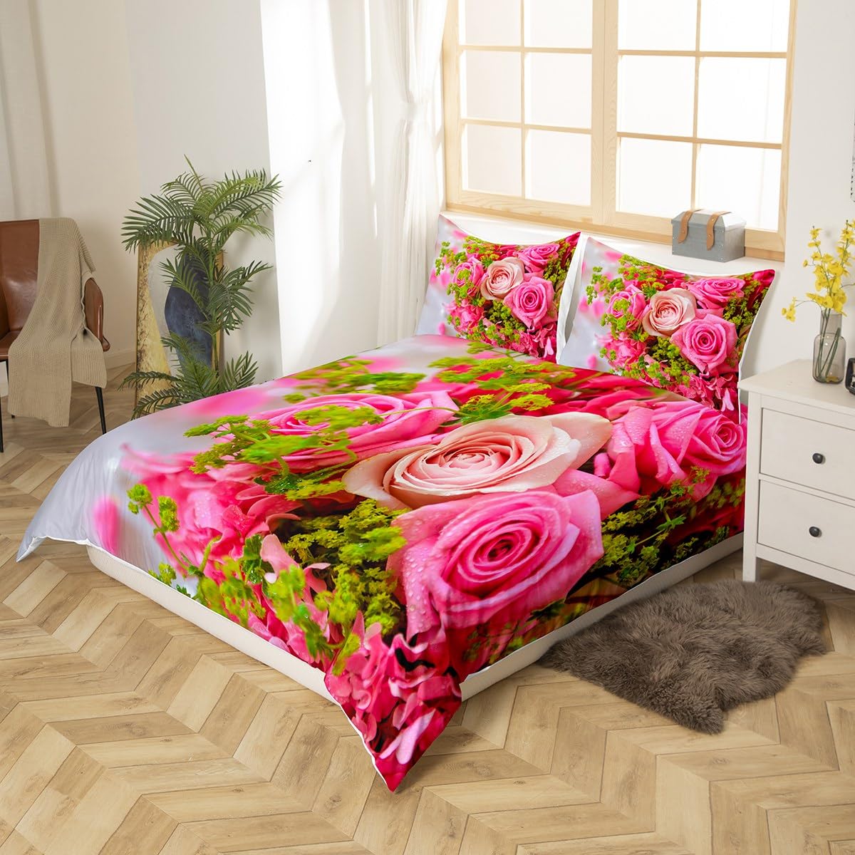 Feelyou Pink Rose Floral Bedding Set For Kids Boys Girls Queen Size Romantic Roses Floral Comforter Set Ultra Soft Colorful Blooming Flowers Comforter Floral Duvet Set Room Decor Quilt Set
