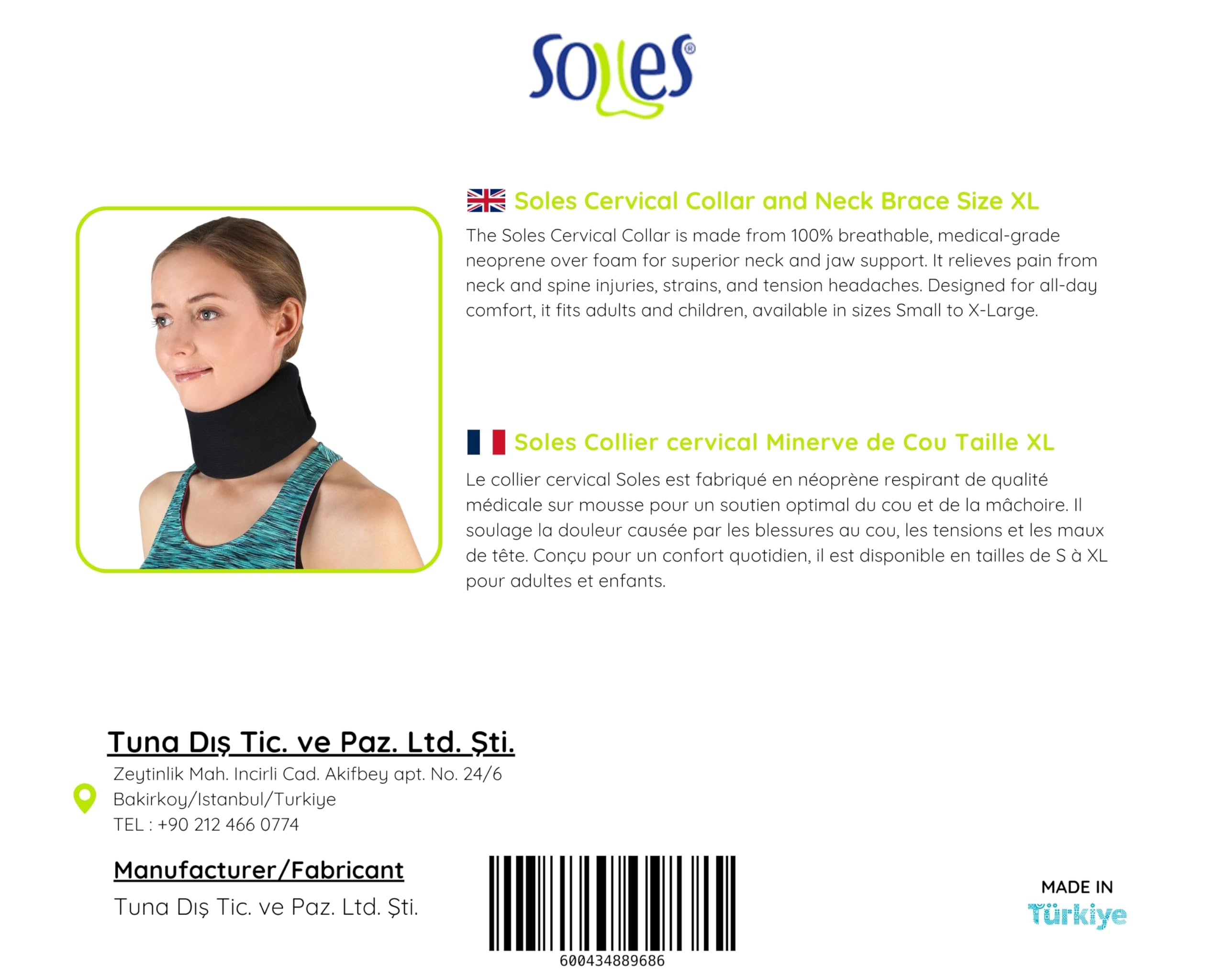Soles Cervical Collar and Neck Brace X-Large (SLS601) (X-Large (22.3-27.1 inches))