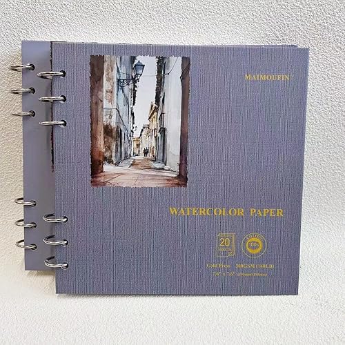 Miniatura 8 de MAIMOUFIN Diario de acuarela, papel de acuarela 100% algodón, 7.6 x 7.6 pulgadas, 20 hojas (140 libras10.58 ozm) a presión fría, cuaderno de bocetos