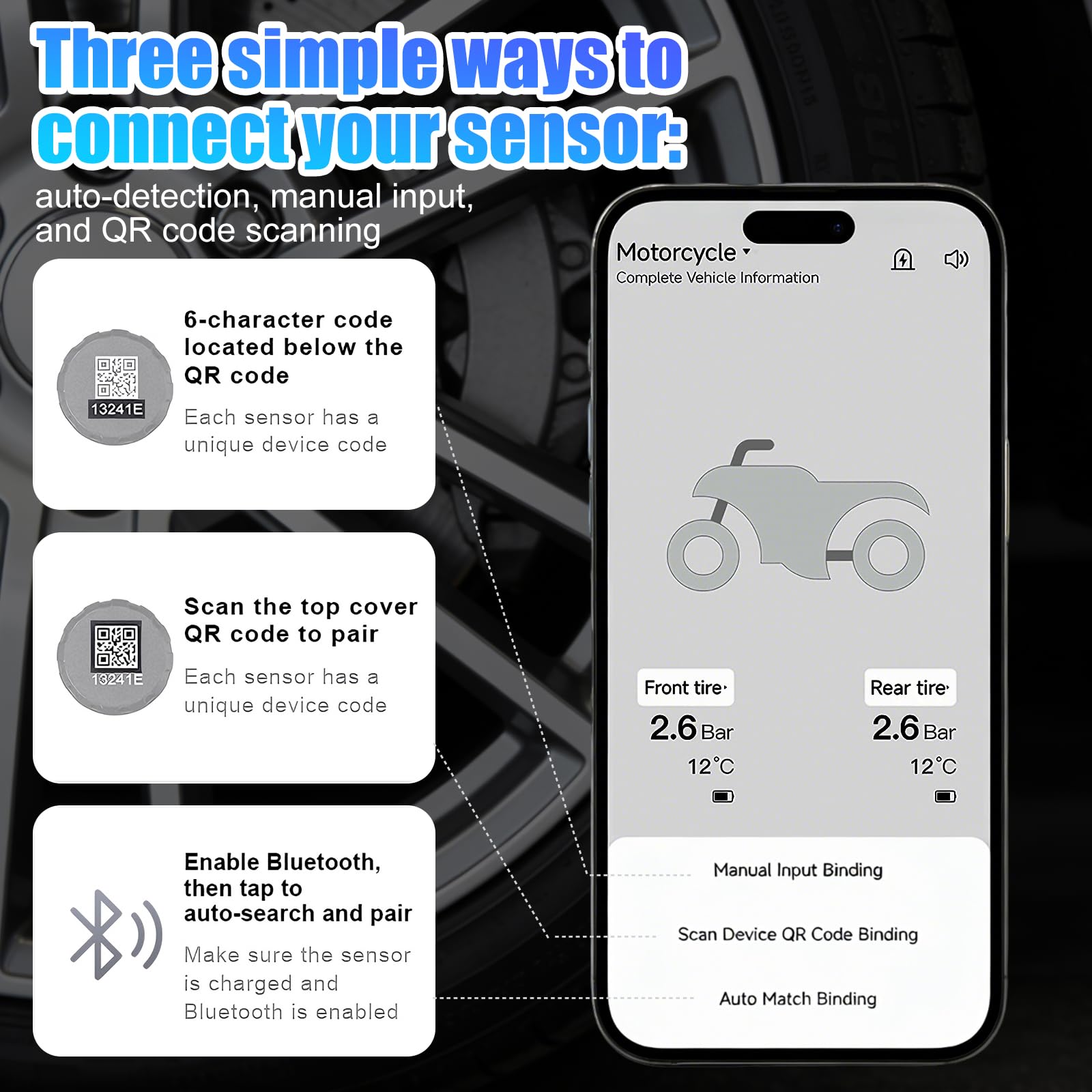 Sistema di controllo della pressione degli pneumatici TPMS con app, Bluetooth intelligente, rilevatore di pressione degli pneumatici e rilevatore di temperatura, 2 sensori esterni, supporta iOS