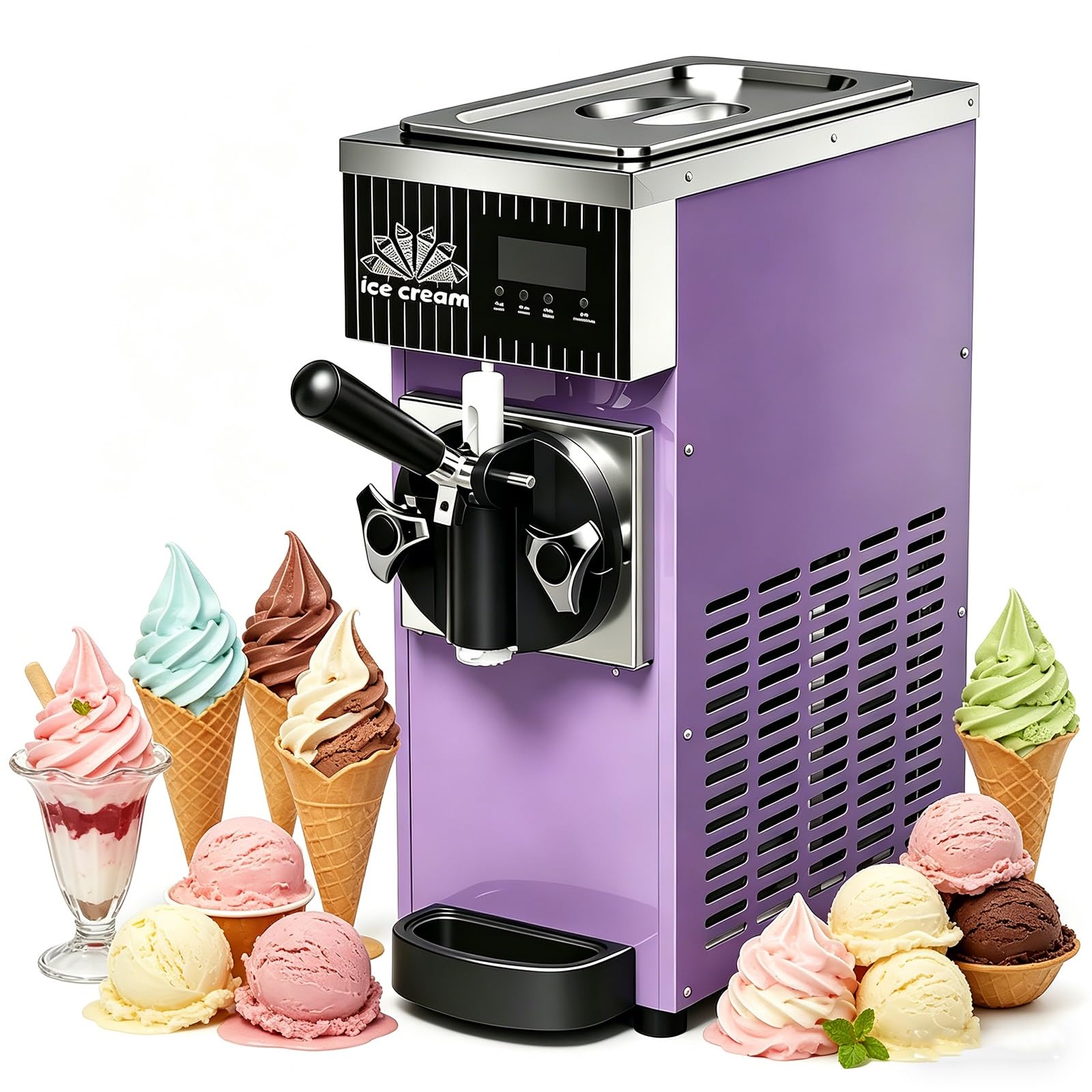 Máquina De Helado Suave De Sobremesa De 450 W, Heladera Un Solo Sabor Con Tolva Grande 2.5 L Ajuste Dureza Capacidad 80-100 Unidades/Hora Ideal Para Uso Doméstico Fiestas Familiares(Purple)