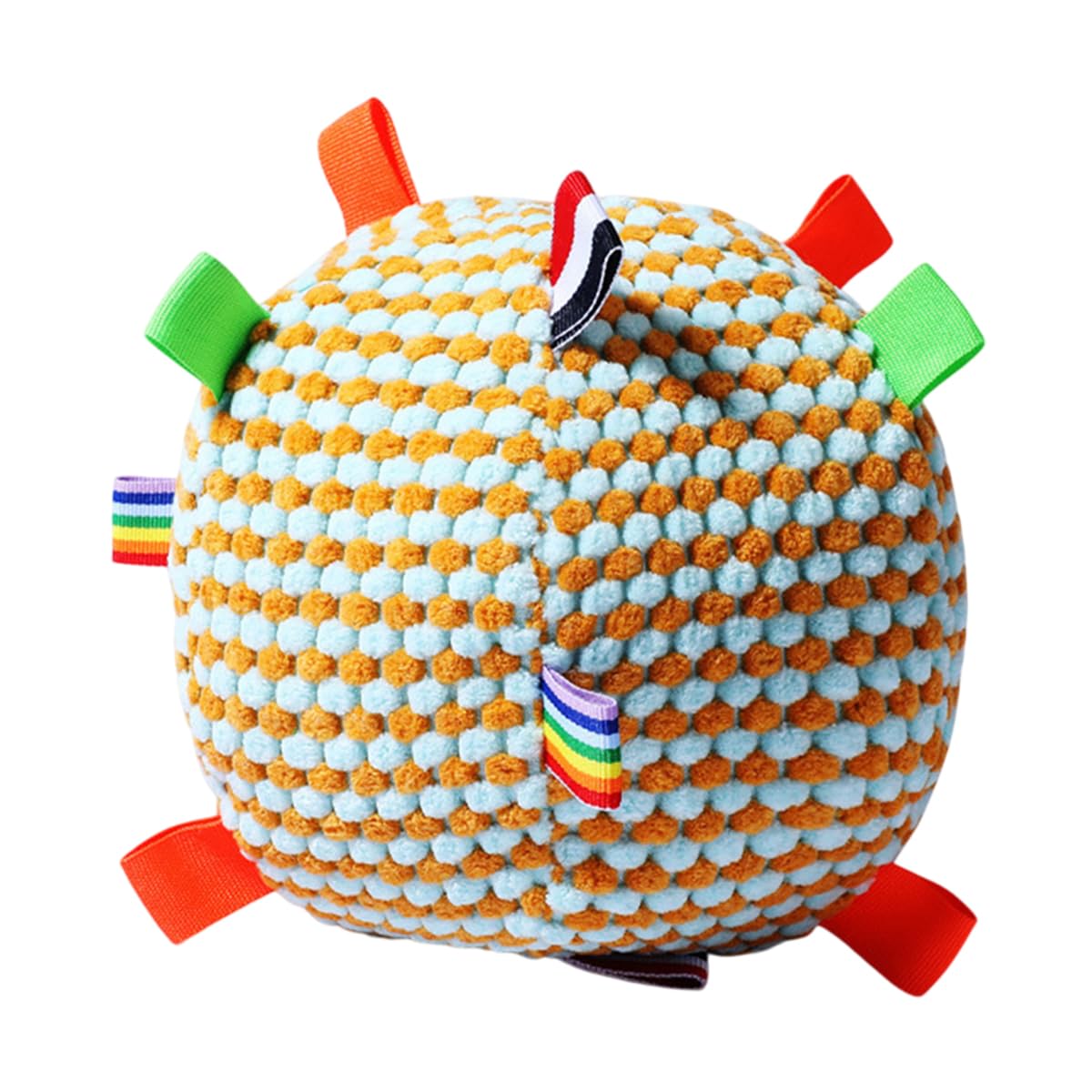 Round Interactive Dog Toy Bell, Plush Engaging Chew Ball with Built in Bell for Small Pets Outdoor Play- 6.3 Inch with Playful Ribbons (Yellow)