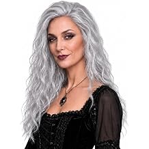 Grey Long Curly Witch Wig, Old Lady Wig, Halloween Cosplay Costume