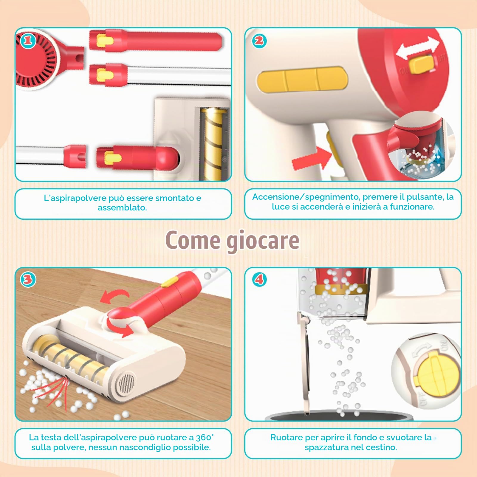 Giocattolo aspirapolvere per bambini, 3 in 1 set di giocattoli di pulizia per bambini ad aspirazione realistica con suono, gioco di ruolo per finta per la casa, strumenti di pulizia