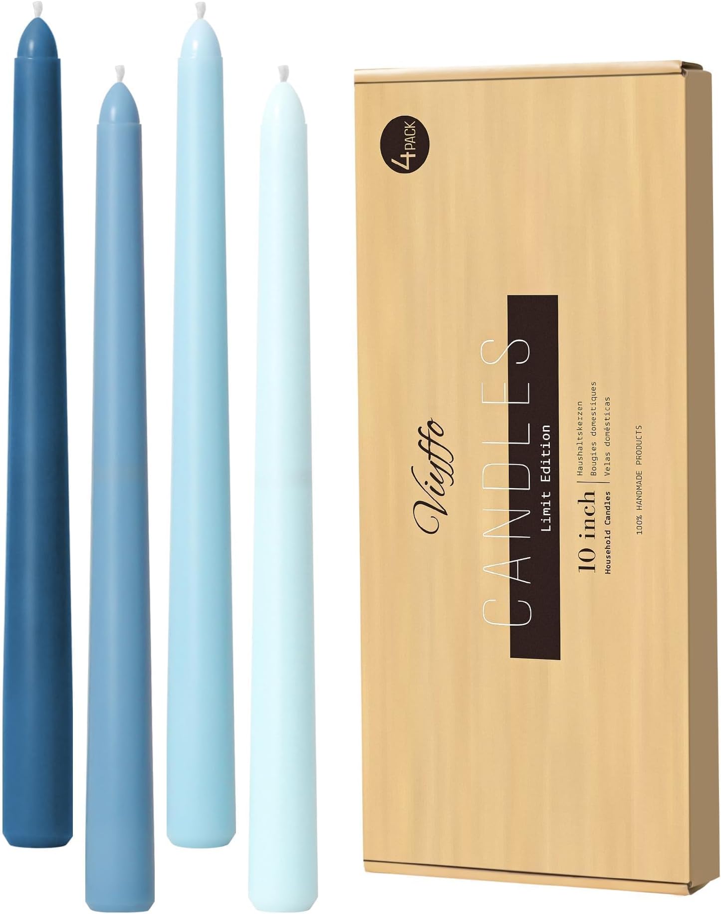 Viyffo 10 Inch Taper Candles Blue 4 Pack โ Unscented, Dripless Design, Smokeless- Long Tall Tapered Candlesticks Wedding Home Decor Dinner Natural Color Series