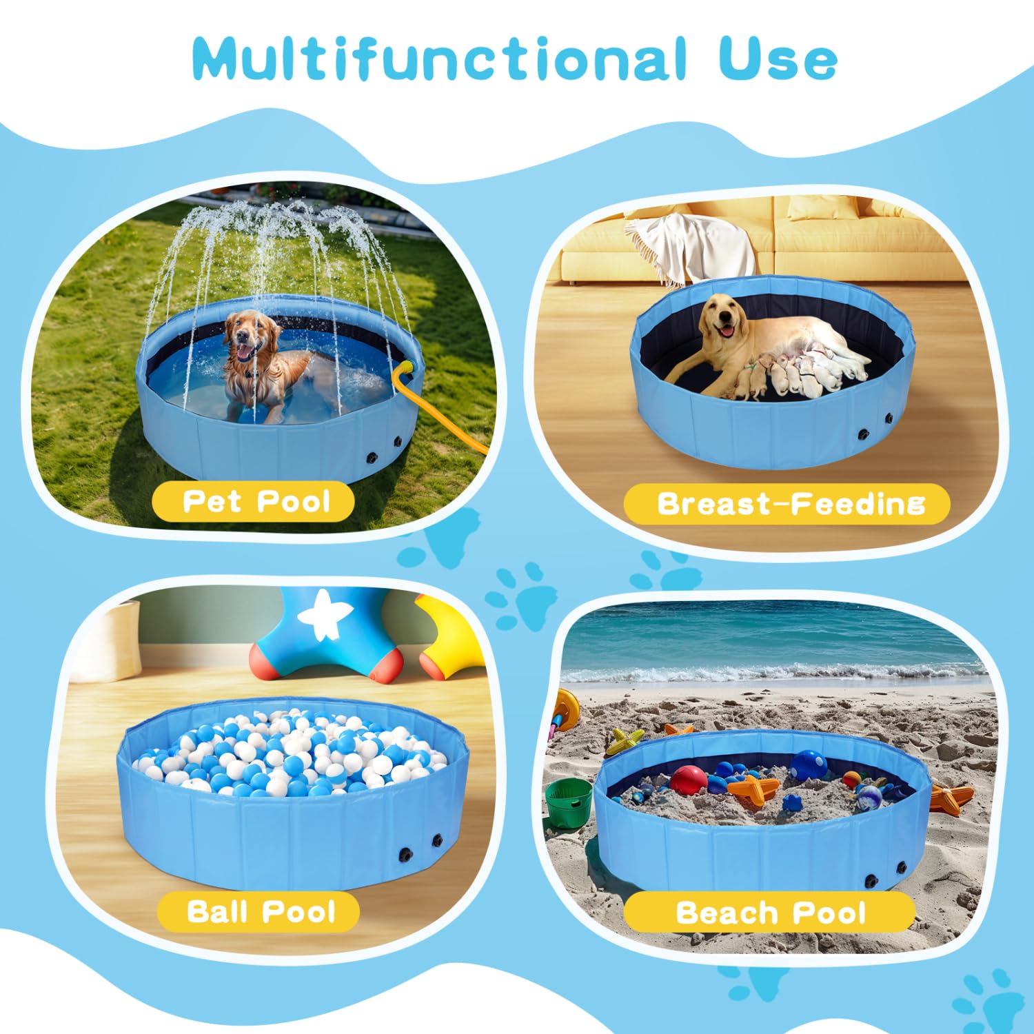 Nobleza Hundepool mit Sprinkler, Planschbecken für Große & Kleine Hunde, 2 in 1 Faltbarer und Tragbarer PVC Schwimmbecken für Hunde, rutschfeste Hundebadewanne für Den Somme, 120 * 30cm