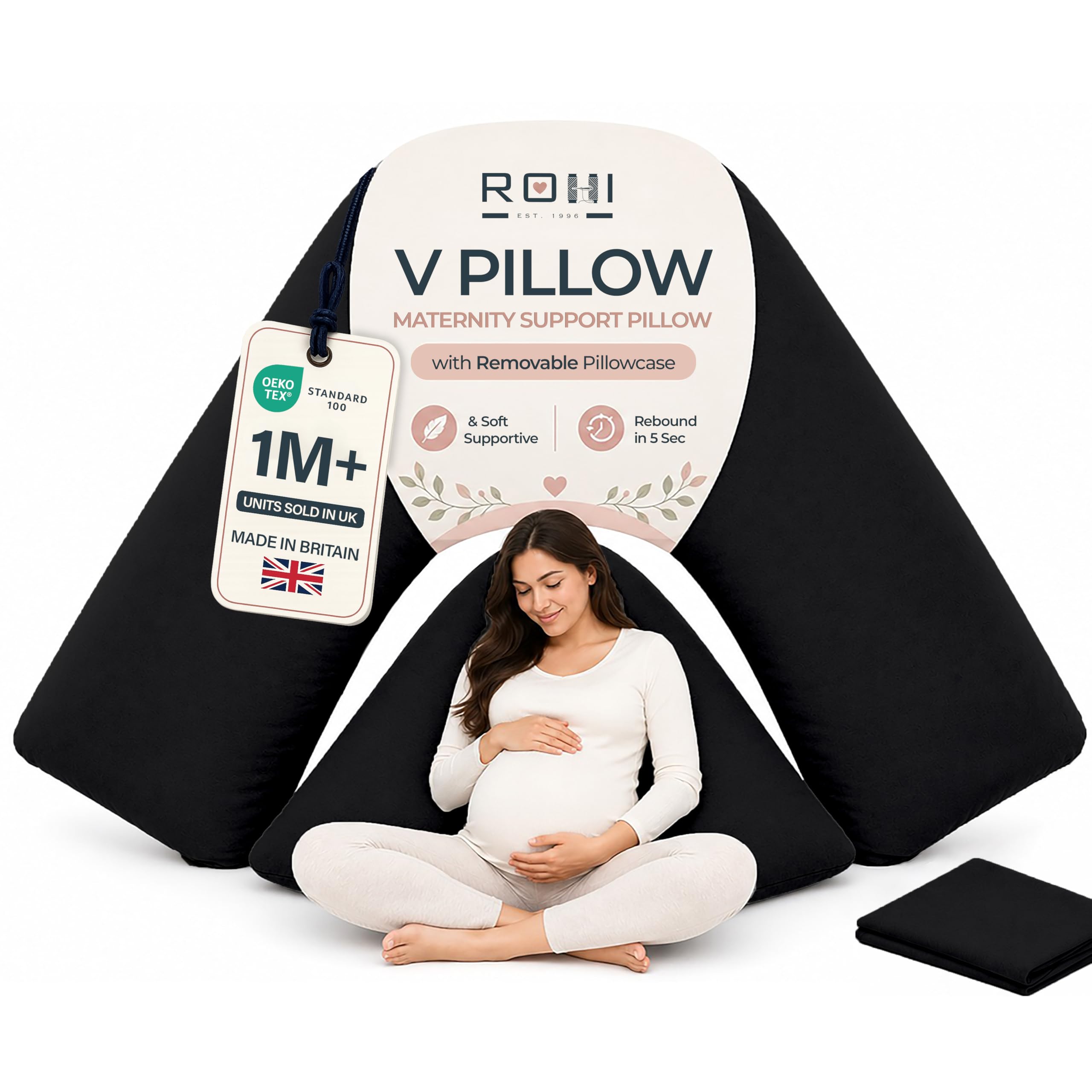 Rohi Black Orthopaedic V Pillow With Pillowcase – Anti Allergy Triangle Pillows For Adults, Nursing, Maternity & Pregnancy – Extra Hollowfibre Cushioning To Supports Neck, Head & Back (Black)