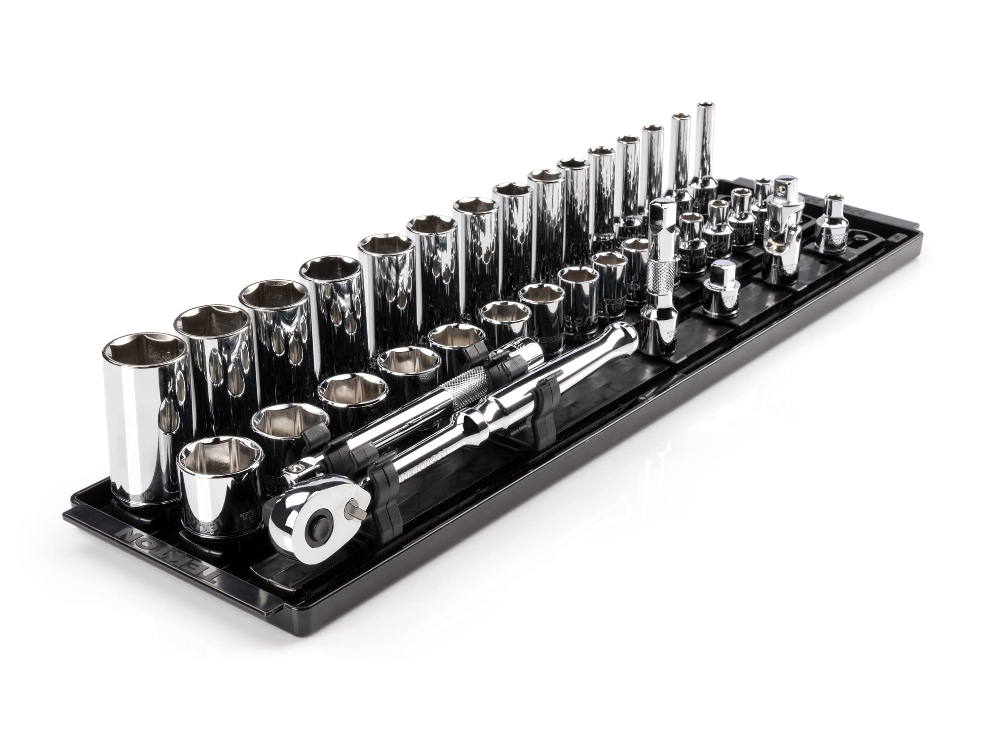 TEKTON Juego de llaves de vaso y trinquete de 6 puntos con rieles y bandeja, 36 piezas (1/4-1 pulg.) | SKT13101