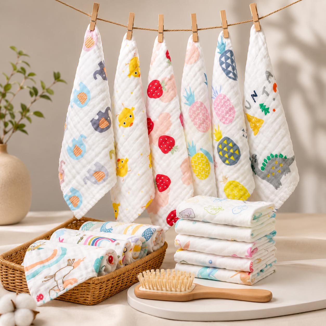 The Little Bunny Muslin 6 Layer Cotton Face Towels for Newborn Baby Extra Soft Hankies Reusable Napkins for Infants Toddlers/Kids (Pack of 5) White Printed-picture-44