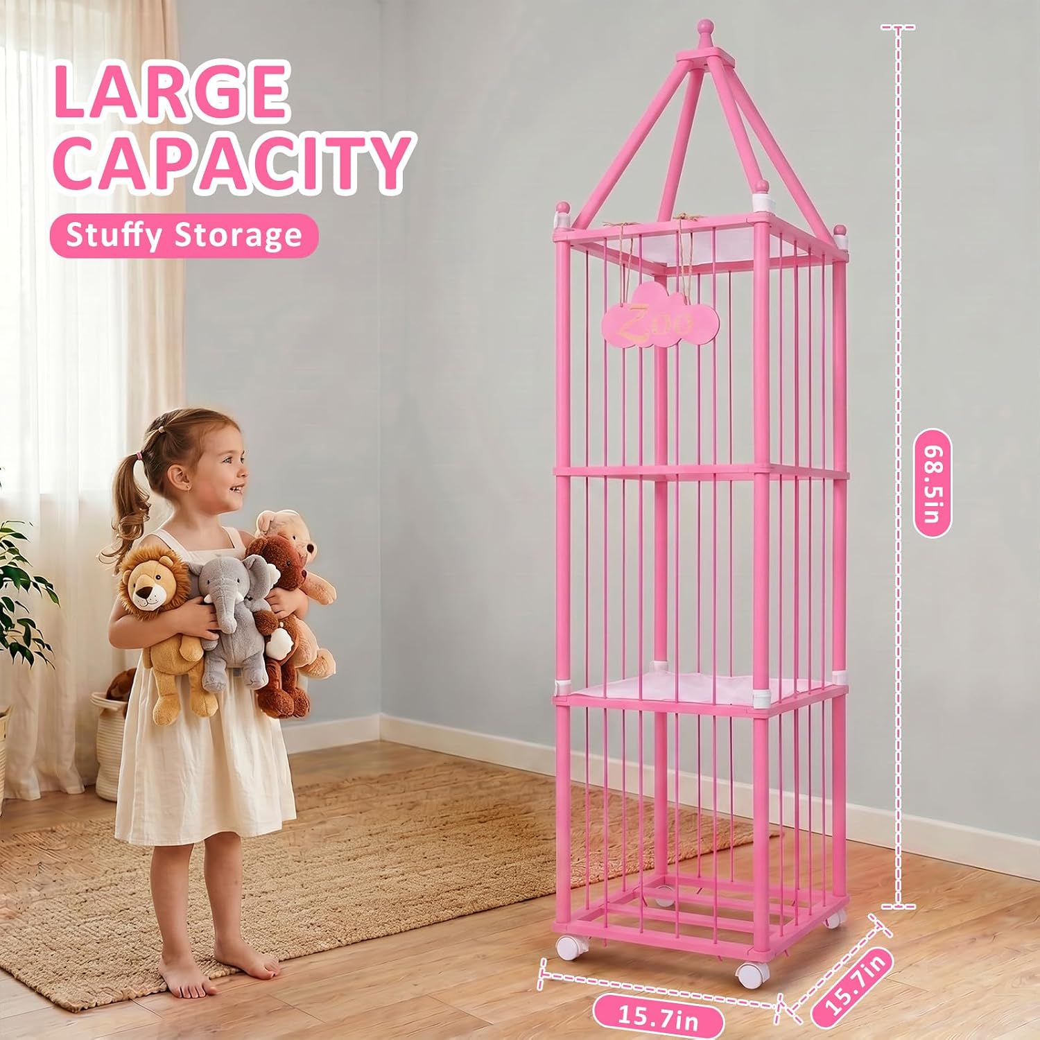 Livole Stuffed Animal Storage, Large Stuffed Animal Zoo Storage with Brake Wheel, Wood Stuffed Animal Holder Organizer with Elastic Cords & Castle Tower Design for Kids Bedroom, Nursery, Playroom Pink
