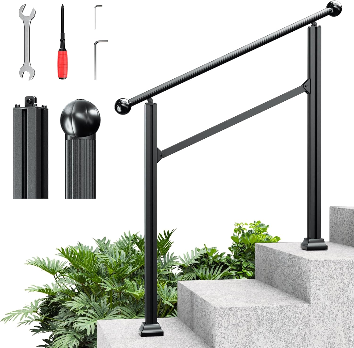 Heavy Duty 3 Steps Handrails for Outdoor Steps - Adjustable Height Outdoor Stair Railing Fits 2 to 3 Steps, Sturdy Porch Railing with Installation Kit, No Rust Aluminum Hand Railings for Outdoor Steps 3 Steps Black