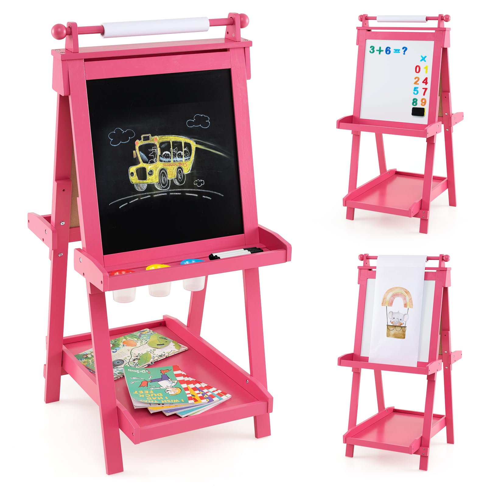 COSTWAY Kids Wooden Art Easel, Double-Sided Height Adjustable Children Easels with Paper Roll, Blackboard, Magnetic Whiteboard, 3 Paint Cups, Folding Drawing Board for Boys Girls (Pink)