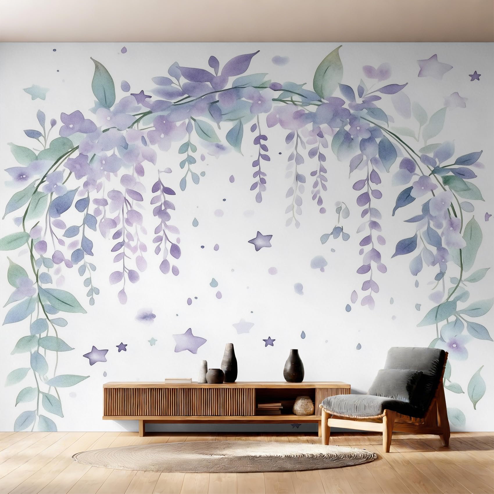 Papier peint fleur violette intissé pour cacher les défauts du mur de salon