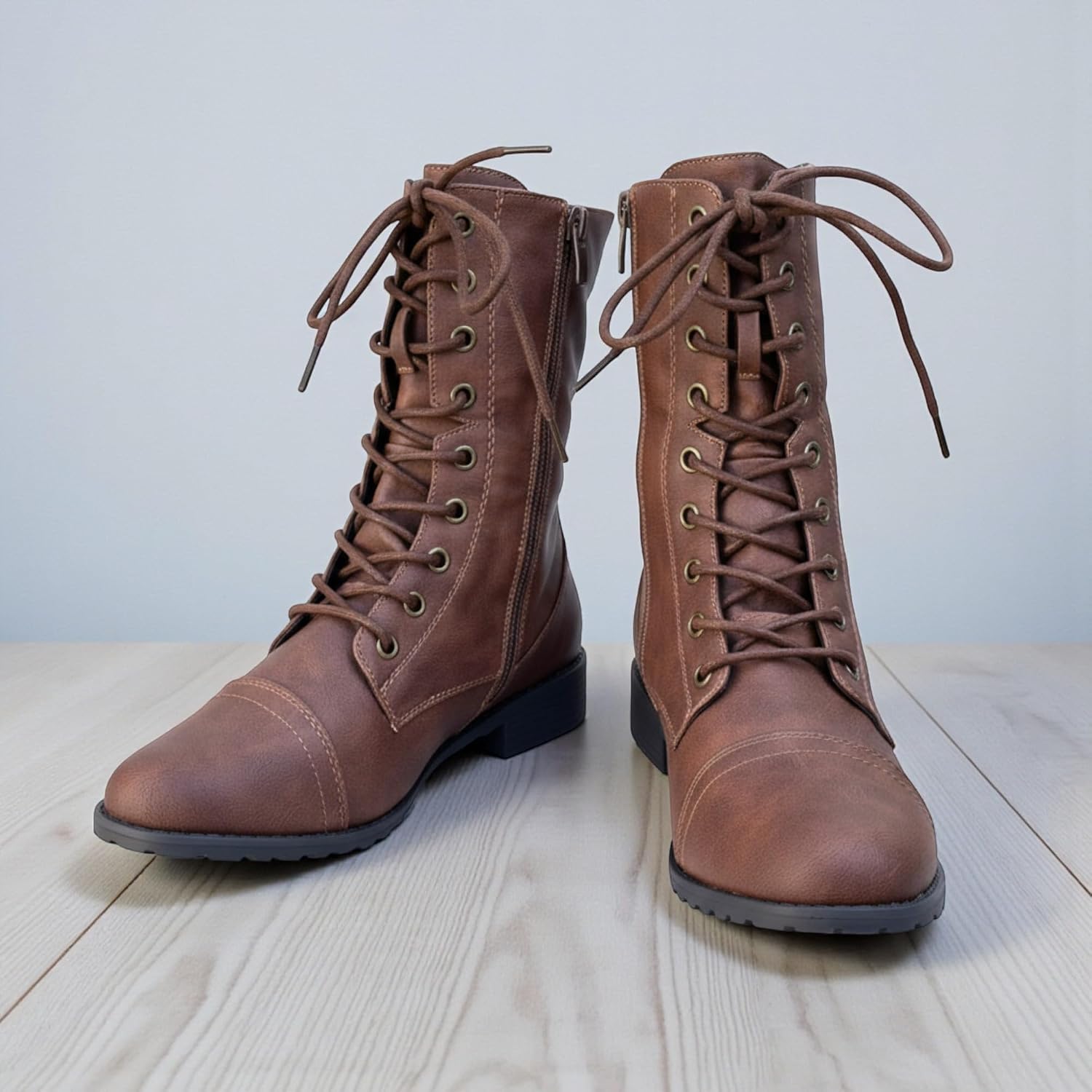 ABSOLEX Womens Lace up Round Toe Low Heel Combat Boots