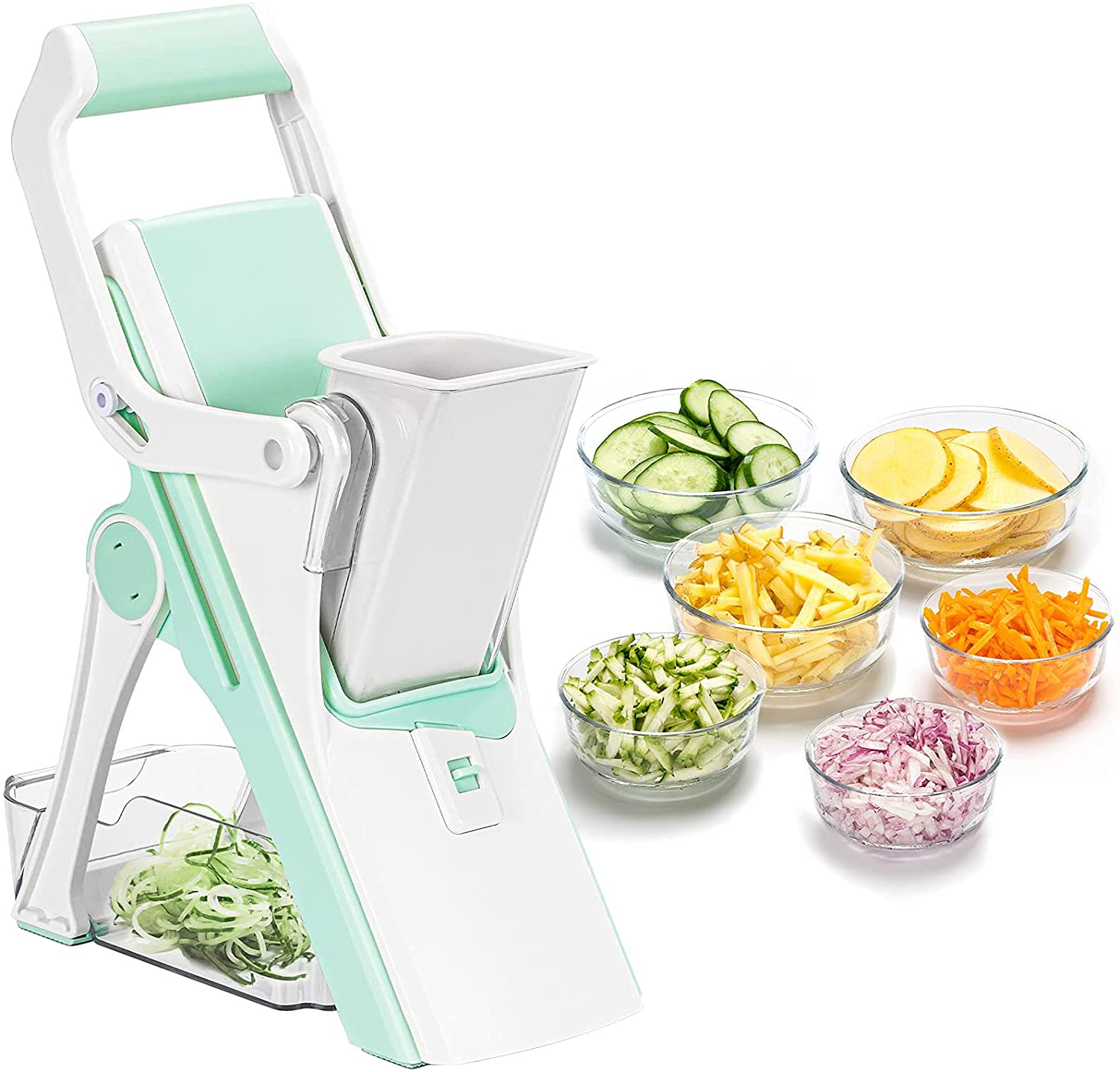 KASTWAVE Vegetable Chopper Mandoline Slicer Cutter Chopper and Grater, Onion Potato Salad Apple Carrot Vegetable Fruit Meat Cutter with Container - 5 Blades