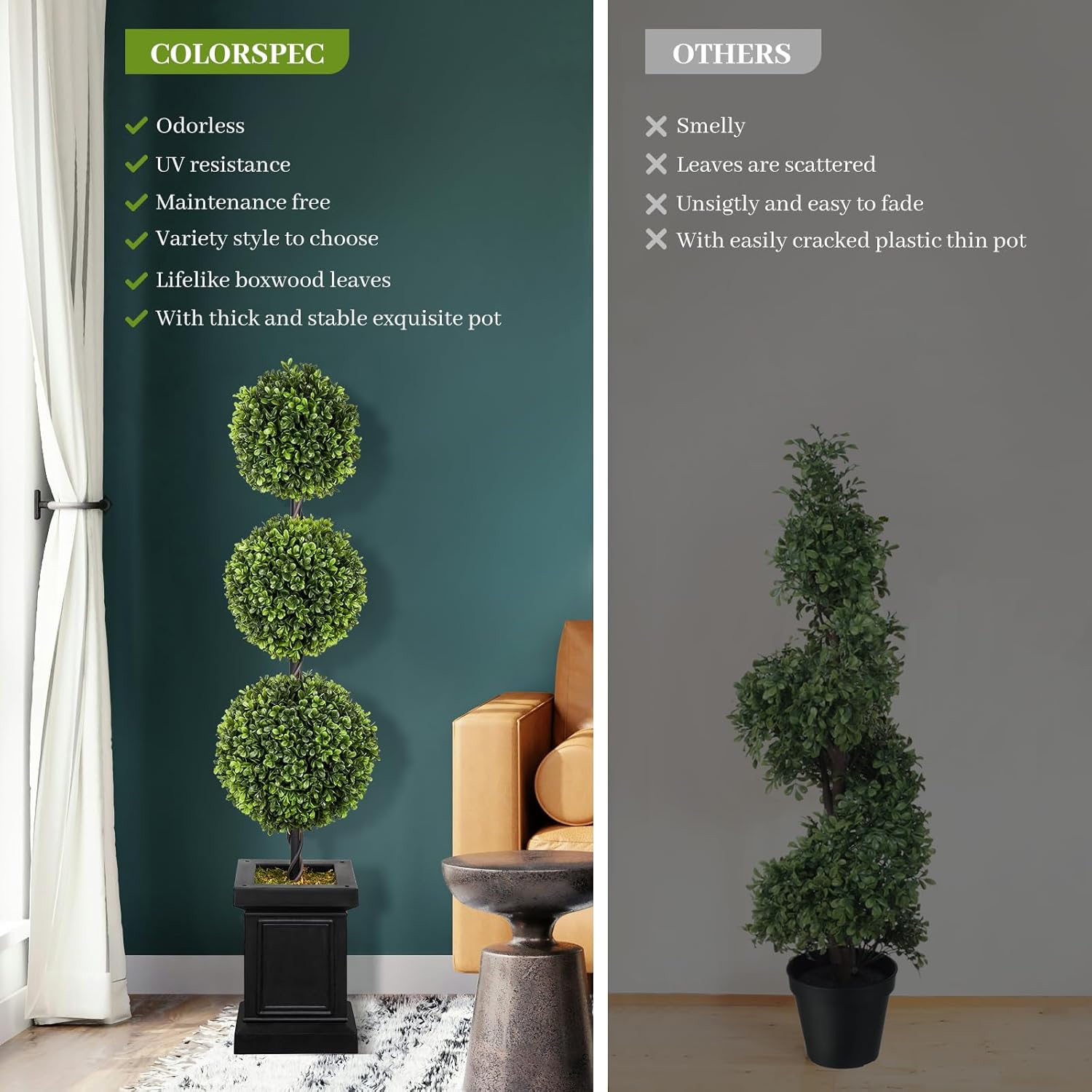 3.5ft Boxwood Outdoor Topiary Set of 2, Tall All Year Green Fake Plant Topiary Trees Artificial Outdoor Porch Trees with Sturdy Pot for Outdoor Indoor (Ball)