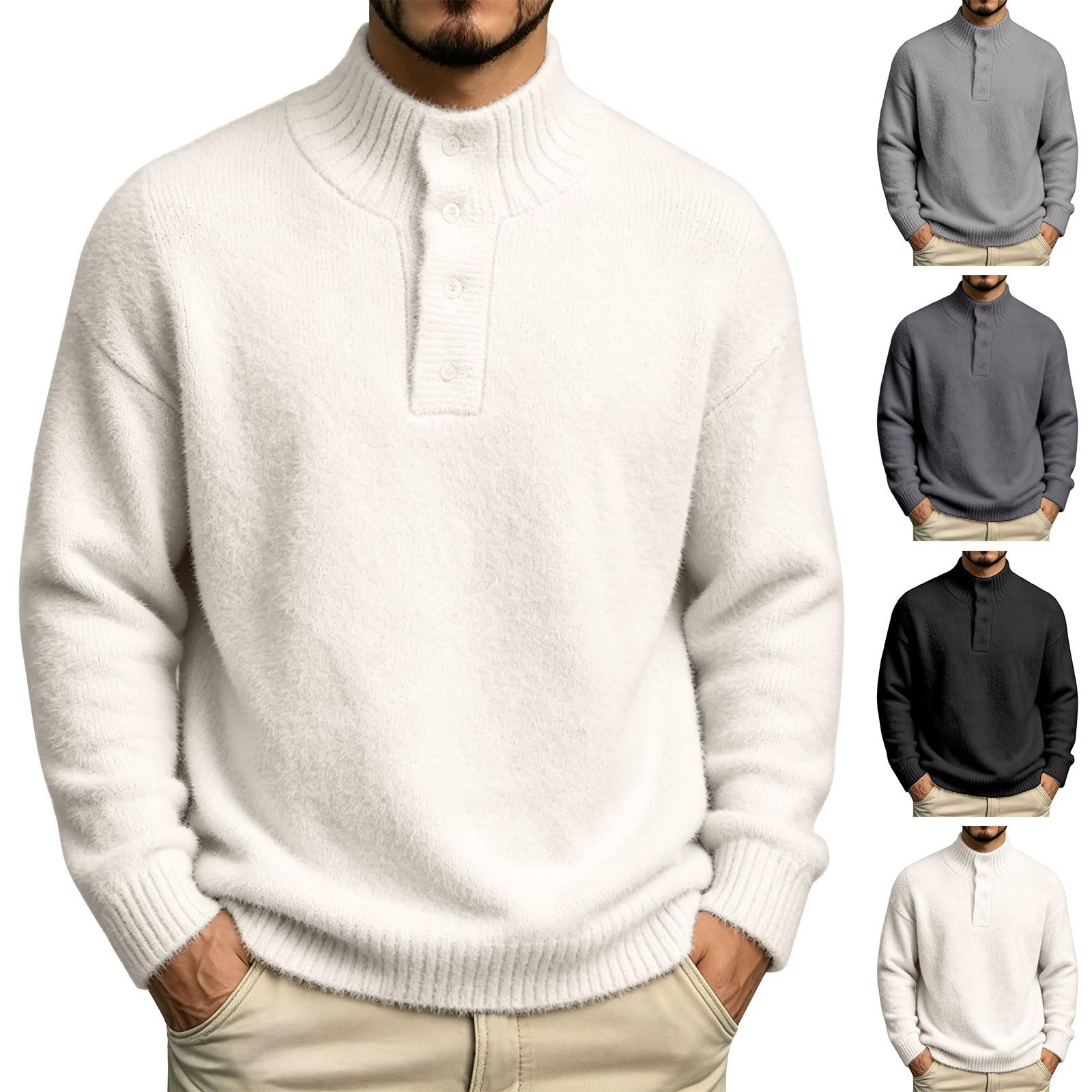 Męskie swetry puszyste dzianinowe swetry casualowe topy Henley z długim