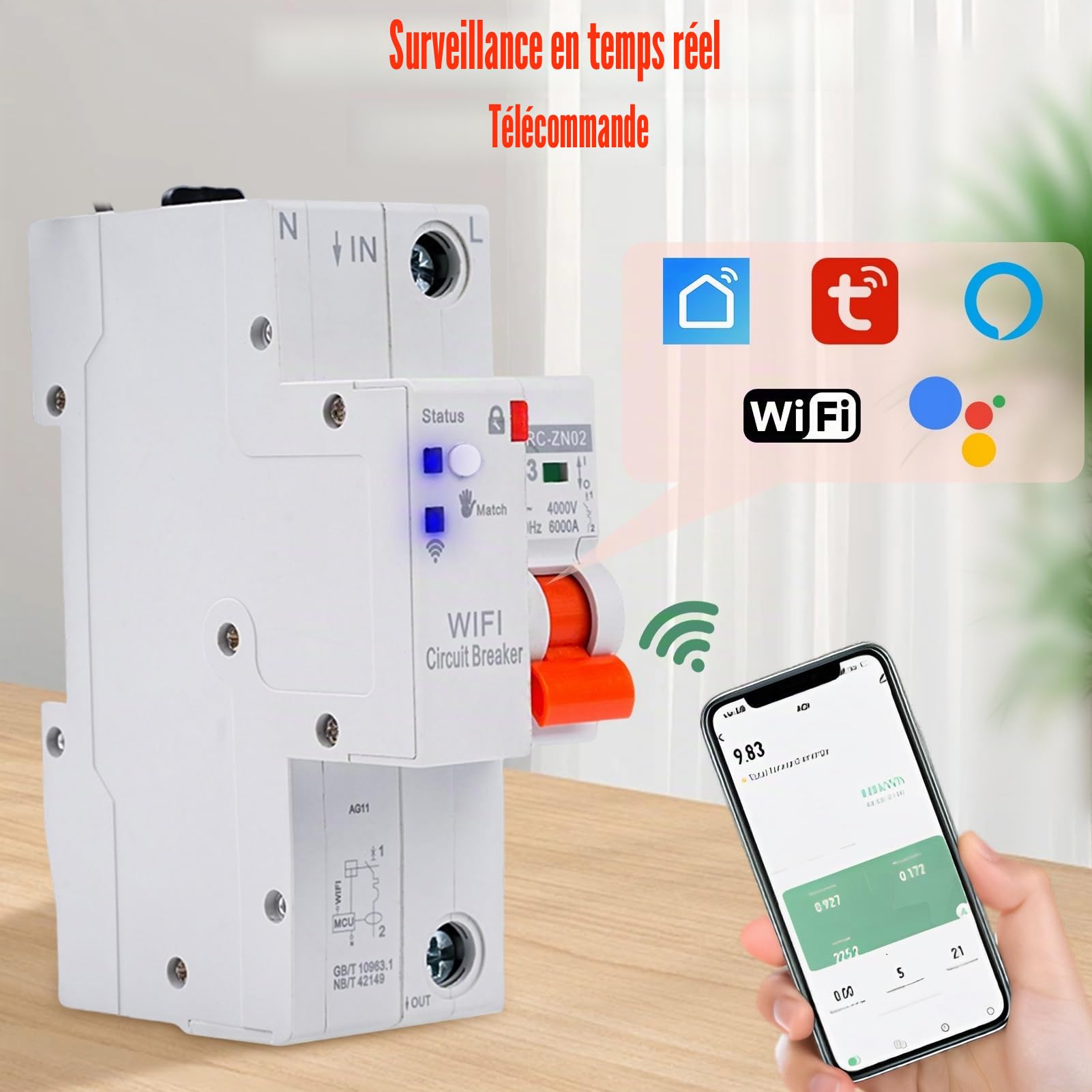 Jadeshay Disjoncteur Différentiel 63A, Tuya Disjoncteur WiFi Intelligent Interrupteur wifi Avec Protection de réenclenchement, Protection Contre les Surtensions et les Sous-tensions 230V 1P