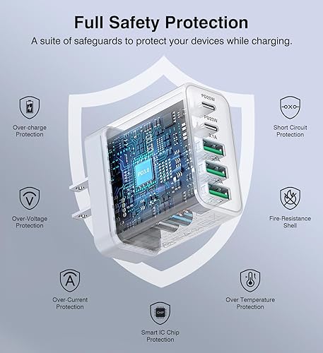 Miniatura 8 de [Paquete de 2] Cargador de pared USB C, bloque de cargador USB C rápido de 50 W, adaptador de corriente PD de 5 puertos + enchufe de pared QC Blanco