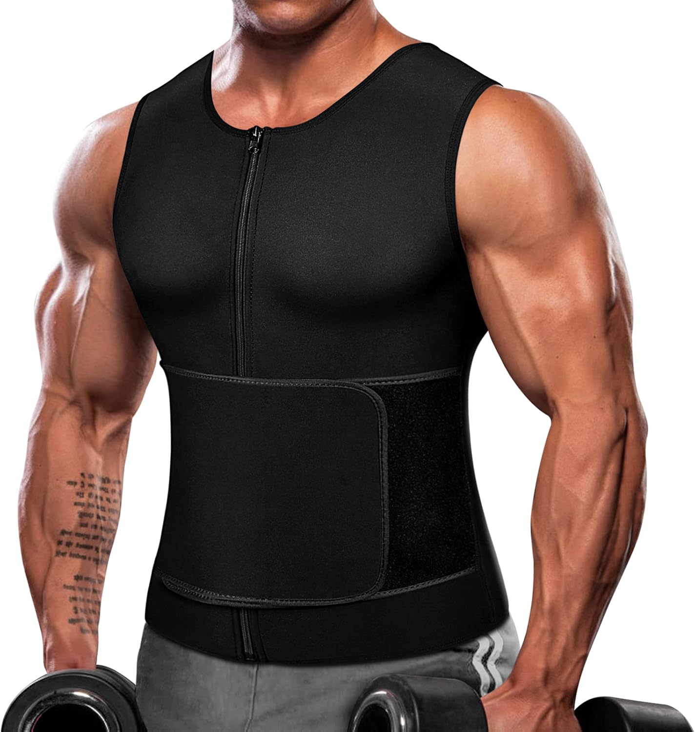Sauna Vest for Men Waist Trainer Trimmer Mens Tank Weighted Vest Slimming Shaper Trainer 2 in 1 Belt with Zipper : Sports & Outdoors