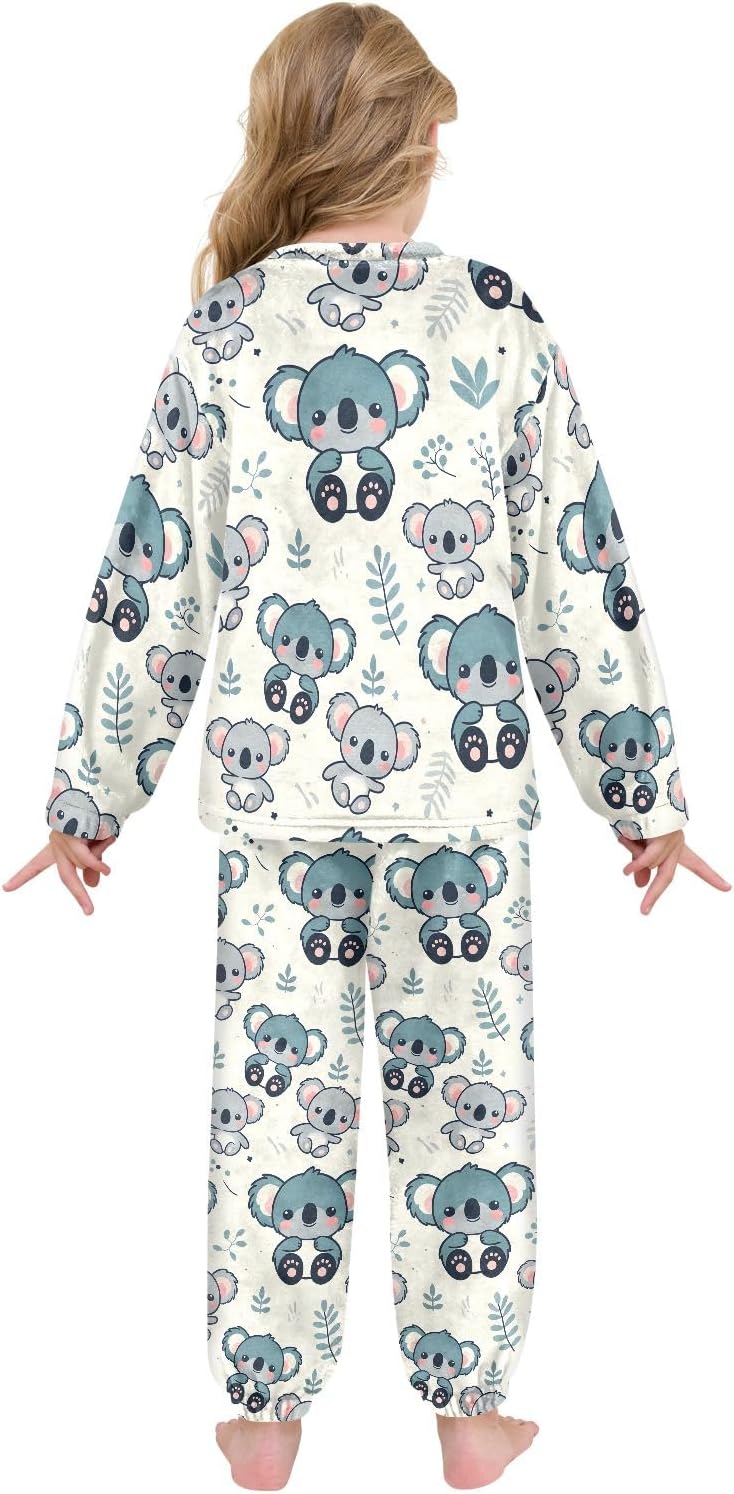 Kids Flannel Sets Cute Koala Bears and Leaves Warm Plush Relaxed Clothing for Boys and Girls