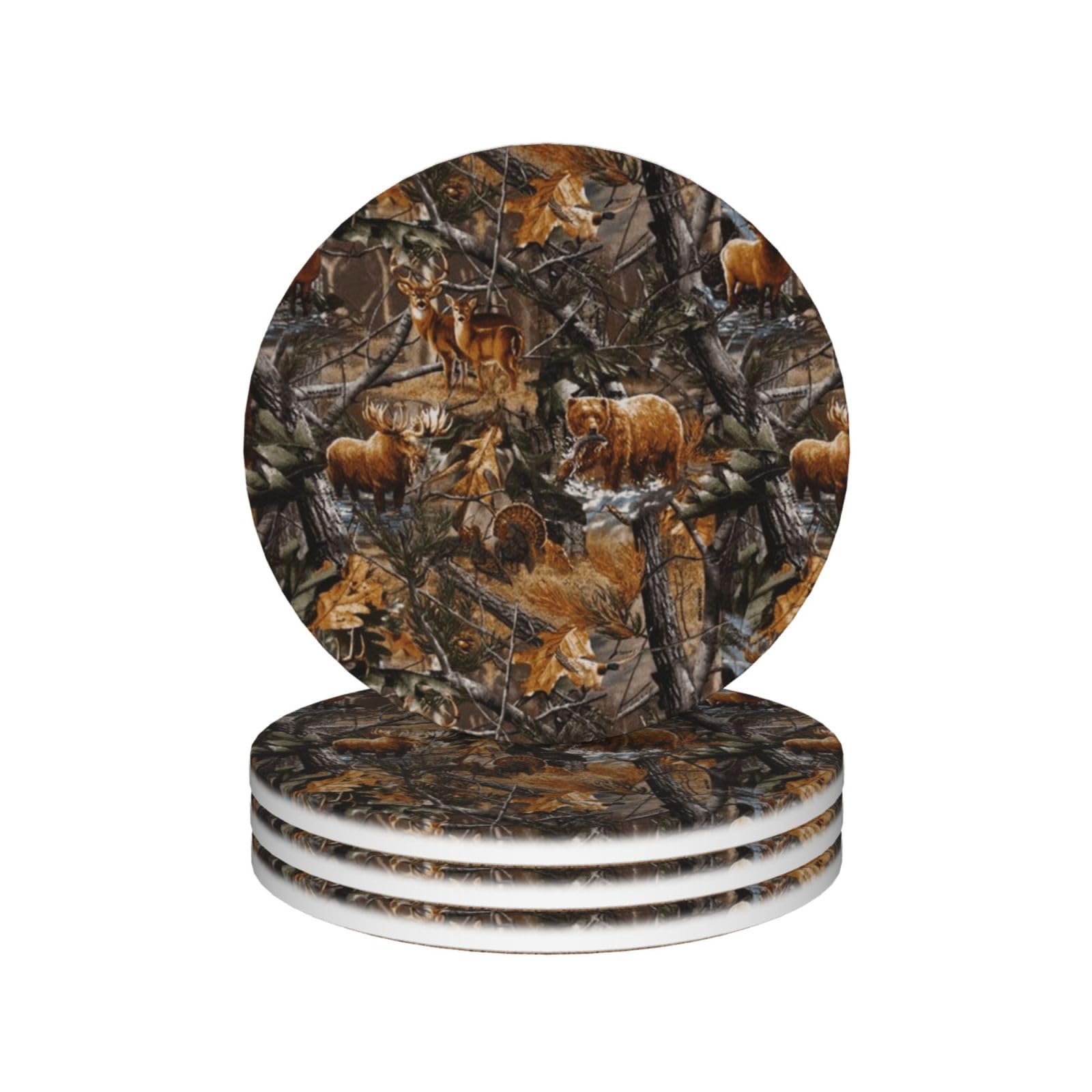 Lot de 4 dessous de verre décoratifs en céramique Motif cerf et ours