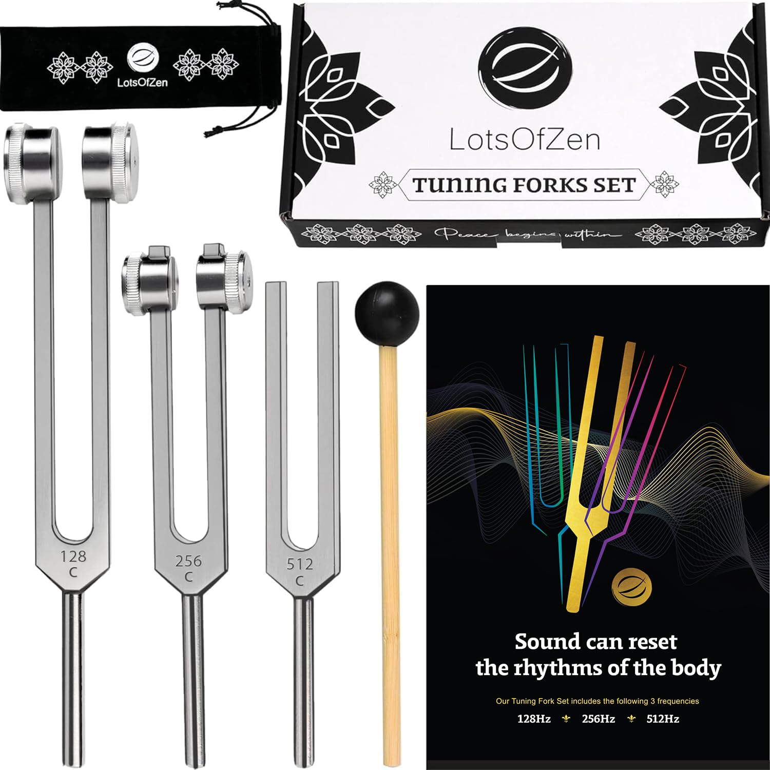 Tuning Fork for Healing (128Hz, 256Hz, 512Hz) - Tuning Fork Medical Set with Body Weight for Chakra Healing - Yoga and Meditation Accessories - Frequency Healing Device Tuning Fork Set