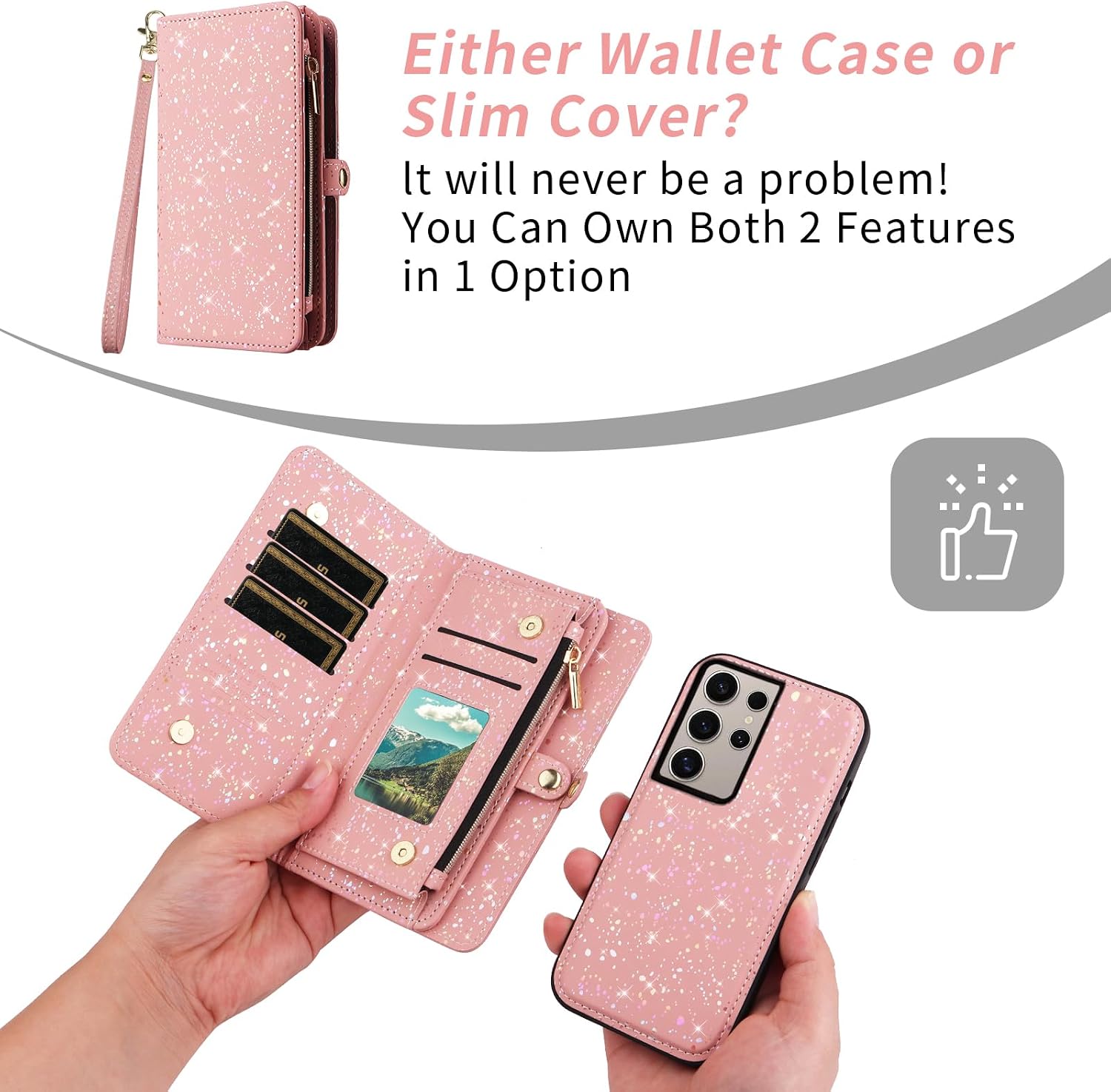 Asuwish Phone Case for Samsung Galaxy S24 Ultra 5G Zipper Wallet Magnetic Detachable Cover with Screen Protector and Glitter Flip Card Holder Slot Stand Cell S24Ultra 24S S 24 24Ultra Women Men Pink