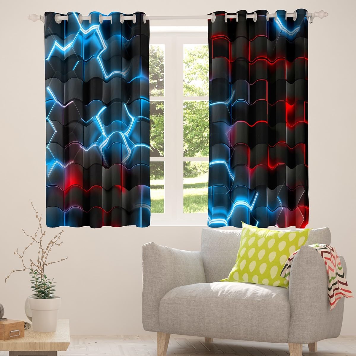 Feelyou Blue and Red Darkening Drapes (2 Panels, 42 x 84 Inch) Honeycomb Curtains Living Room Hexagon Theme Blackout Curtains Geometrical Beehive Window Treatments